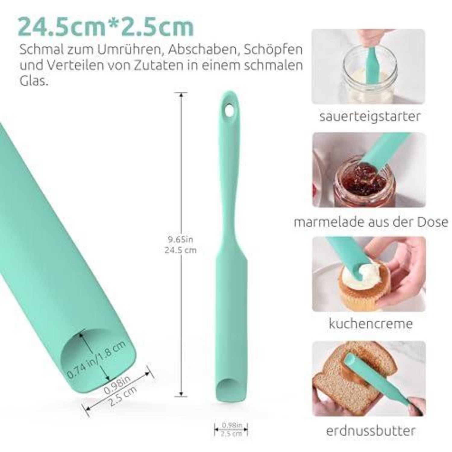 Abbildung eines minzgrünen, 24,5 cm langen schmalen Spatels/Schabers zum Mischen und Verstreichen in engen Gläsern, mit Beispielen für die Verwendung mit Sauerteigansatz, Marmelade, Tortencreme und Erdnussbutter.