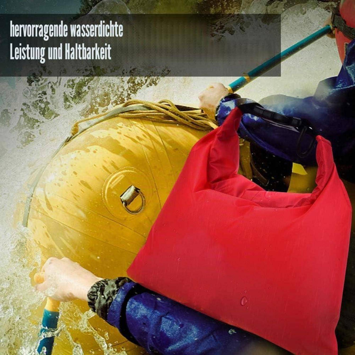 Person paddelt in rauem Wasser mit einem gelben wasserdichten Rucksack; deutscher Text lautet „hervorragende wasserdichte Leistung und Haltbarkeit" und betont wasserdichte Langlebigkeit.
