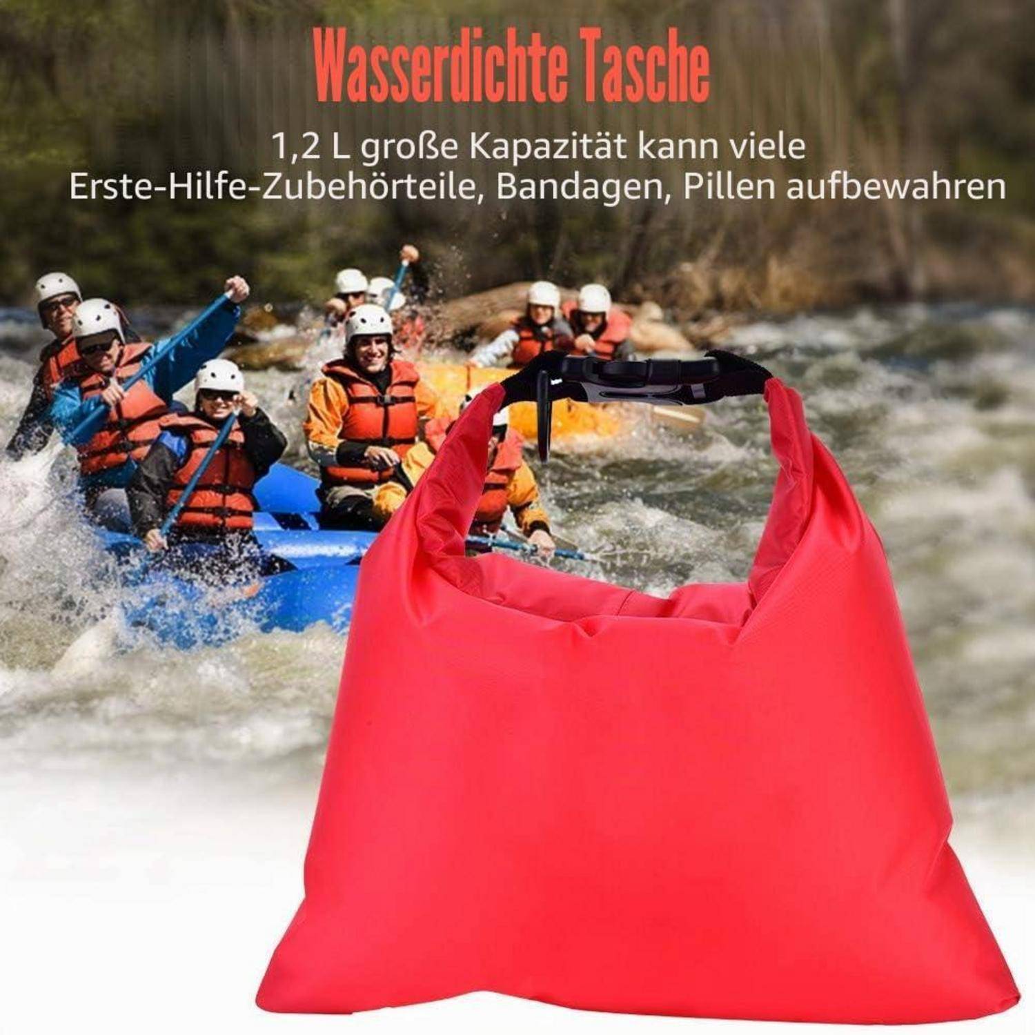 Rote wasserdichte Tasche mit Rollverschluss; deutscher Text sagt „Wasserdichte Tasche" und 1,2 L Fassungsvermögen für Erste-Hilfe-Materialien, Verbandsmaterial, Tabletten, dargestellt in einer Rafting-Szene.