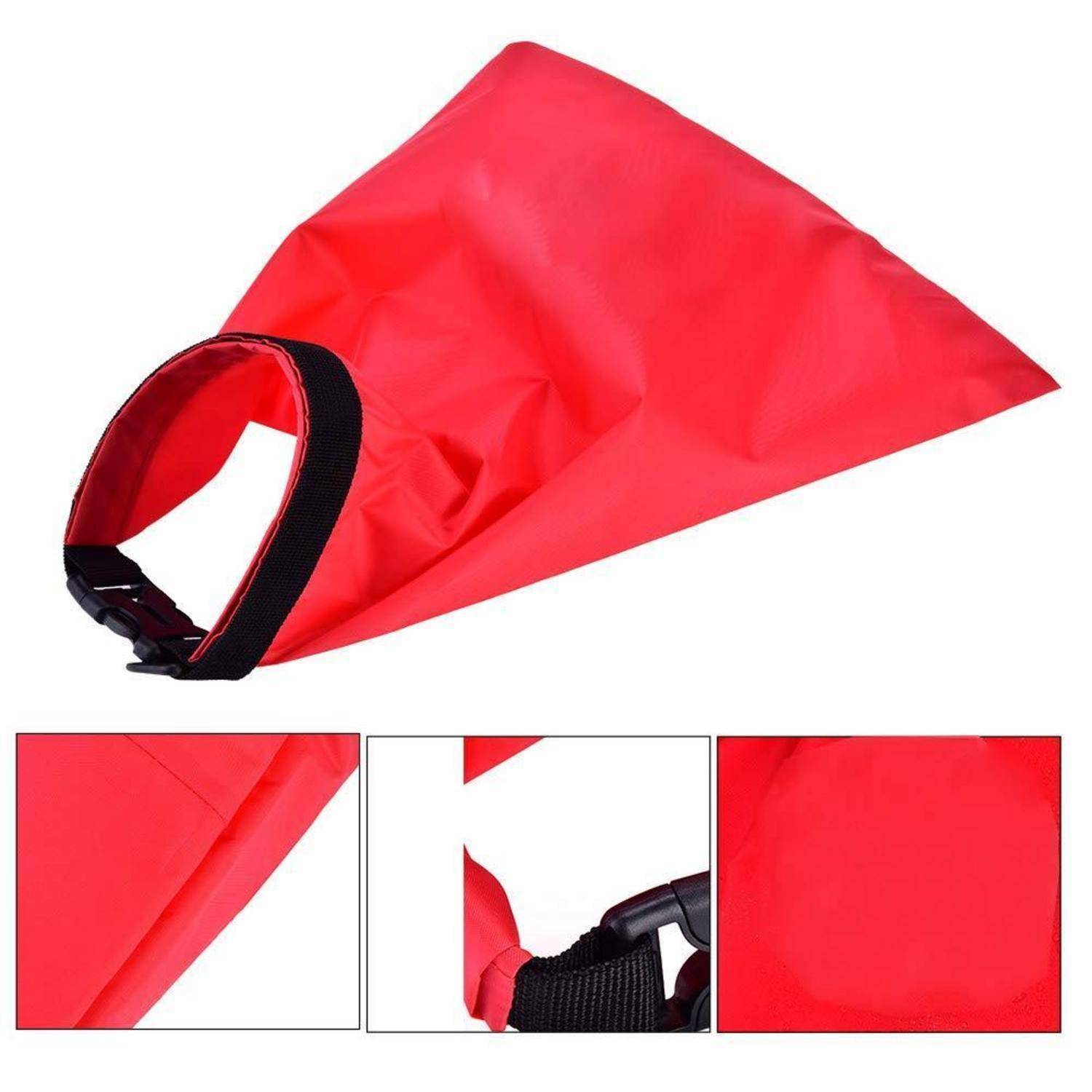 Roter gewichteter Trainingsschlitten mit schwarzem Riemen-Geschirr, auf weißem Hintergrund dargestellt mit drei Nahaufnahme-Detailausschnitten des Materials und der Befestigung.