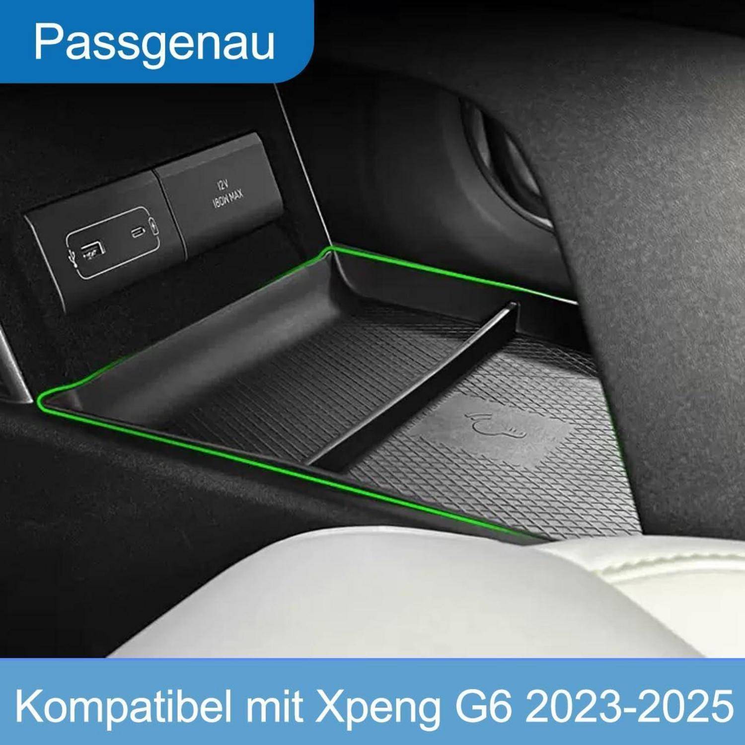 Ablagefach für die Mittelkonsole des Autos mit Trennwand, grün umrandet, beschriftet mit „Passgenau" und „Kompatibel mit Xpeng G6 2023-2025"".
