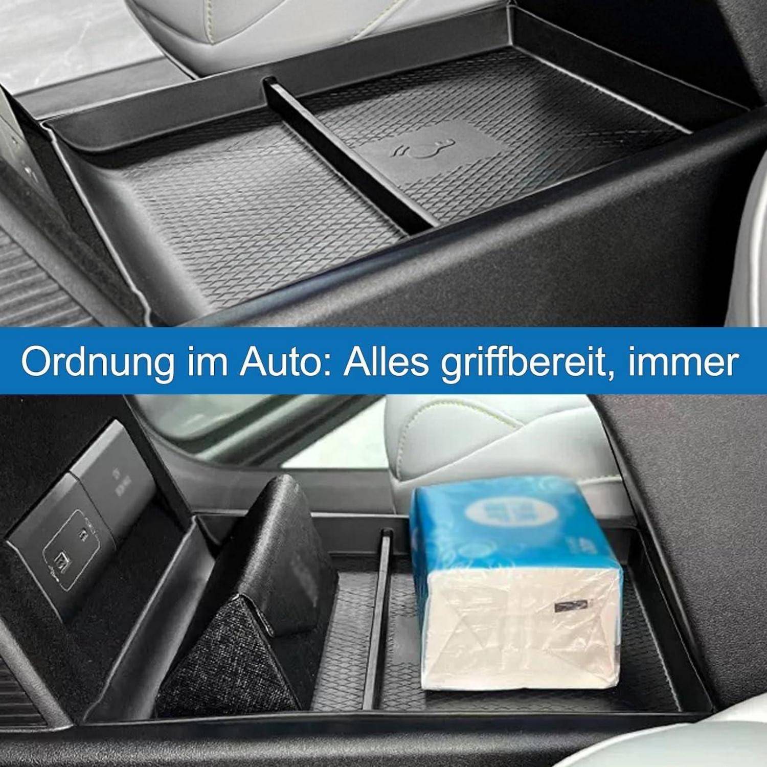 Autorganizer-Tablett mit Trennwänden in einer Autokonsole, leer gezeigt und dann mit einer Taschentuchbox und Gegenständen gefüllt; der Text sagt „Ordnung im Auto: Alles griffbereit, immer".