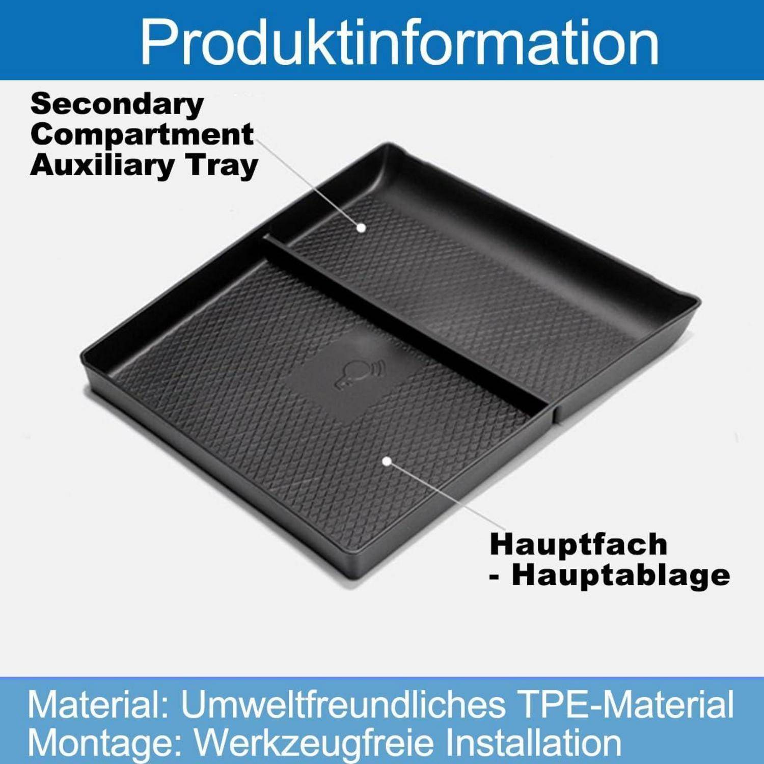 Produktinformationen für ein schwarzes Zusatztablett mit Sekundärfach und Haupttablett; vermerkt umweltfreundliches TPE-Material und werkzeuglose Installation.