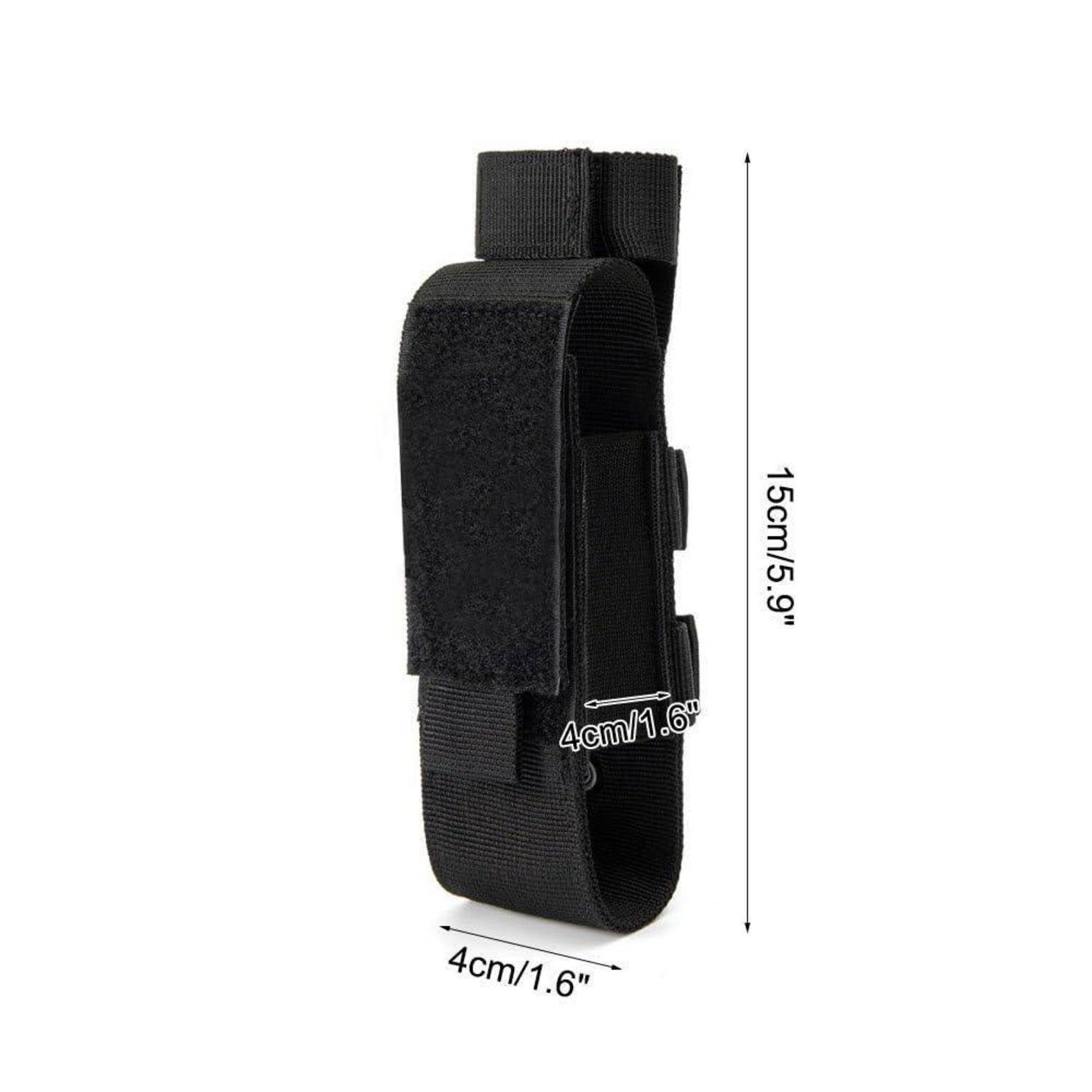 Schwarze Nylon-Gürteltasche mit Abmessungen von 15 cm Höhe und 4 cm Breite, vermutlich ein kleiner Werkzeug- oder Zubehörhalter.
