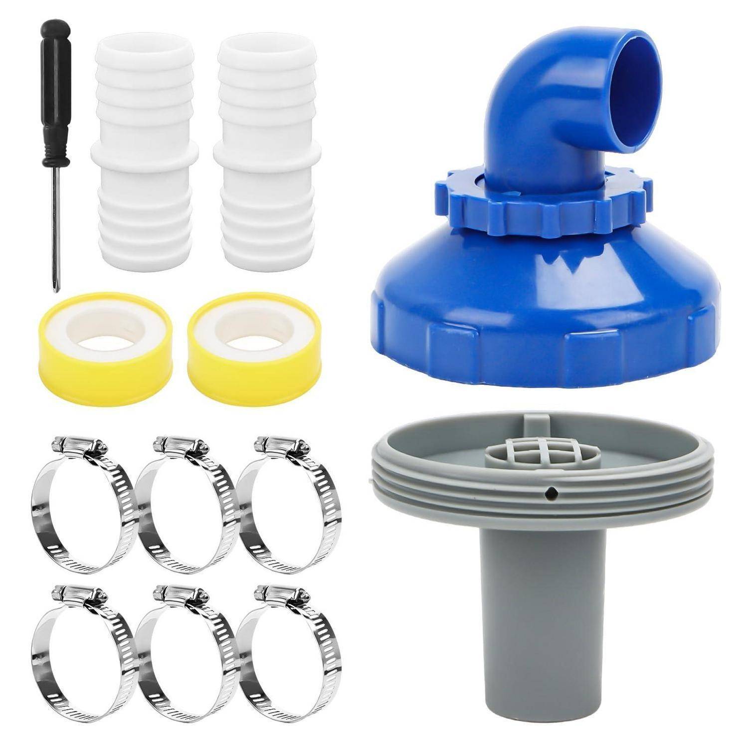 Verschiedene Sanitärteile und Schlauchschellen, bestehend aus einer blauen Spülbeckenabdeckung, grauer Drainagearmatur, weißen Kupplungen, gelbem Klebeband, Schraubendreher und Metallschellen.