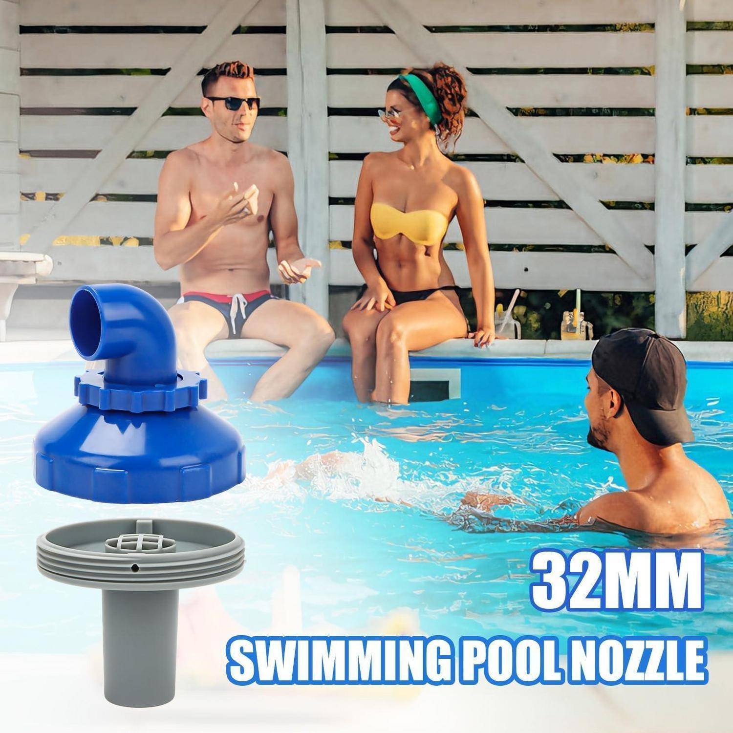 Werbebild eines 32-MM-Schwimmbadauslassers und Skimmer-Teils, gezeigt mit entspannten Personen im Pool und fetter Produkttext.