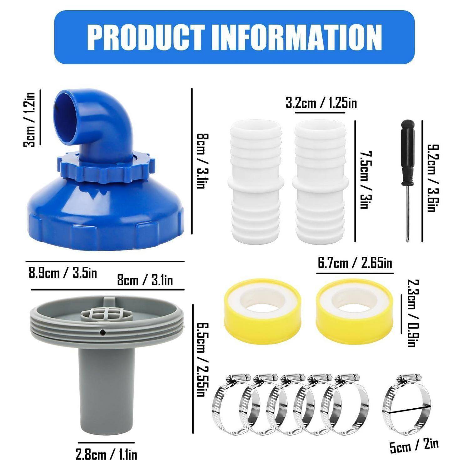 Produktinformationsdiagramm mit einem blauen Ablaufadapter, zwei weißen Schlauchverbindern, einem grauen Flansch, zwei gelben Ringen, sechs Metallklammern und einem Schraubendreher, jeweils mit Abmessungen gekennzeichnet.