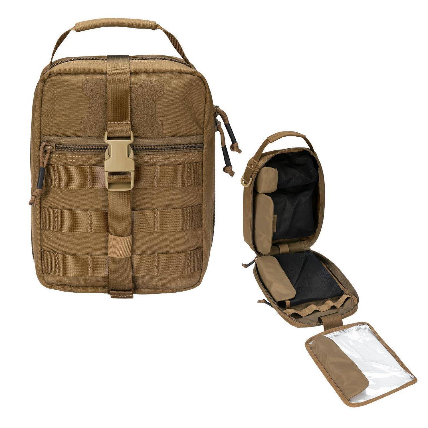 Taktische Tasche in Tan gezeigt geschlossen und geöffnet, mit reißverschlossenen Fächern und einem transparenten abnehmbaren Einsatz zur Organisation von kleinem Ausrüstungszubehör.