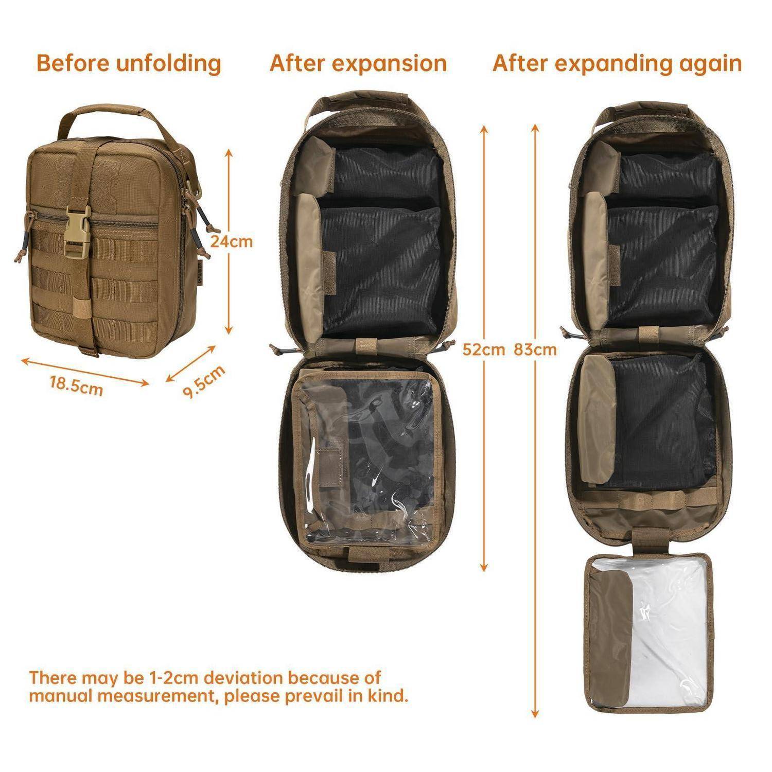 Diagramm eines beigen erweiterbaren Rucksacks mit Größenangaben: vor dem Ausfalten 24 cm x 18,5 cm x 9,5 cm, nach der ersten Erweiterung 52 cm und nach weiterer Erweiterung 83 cm; eine Notiz besagt, dass die Messwerte um 1–2 cm abweichen können.