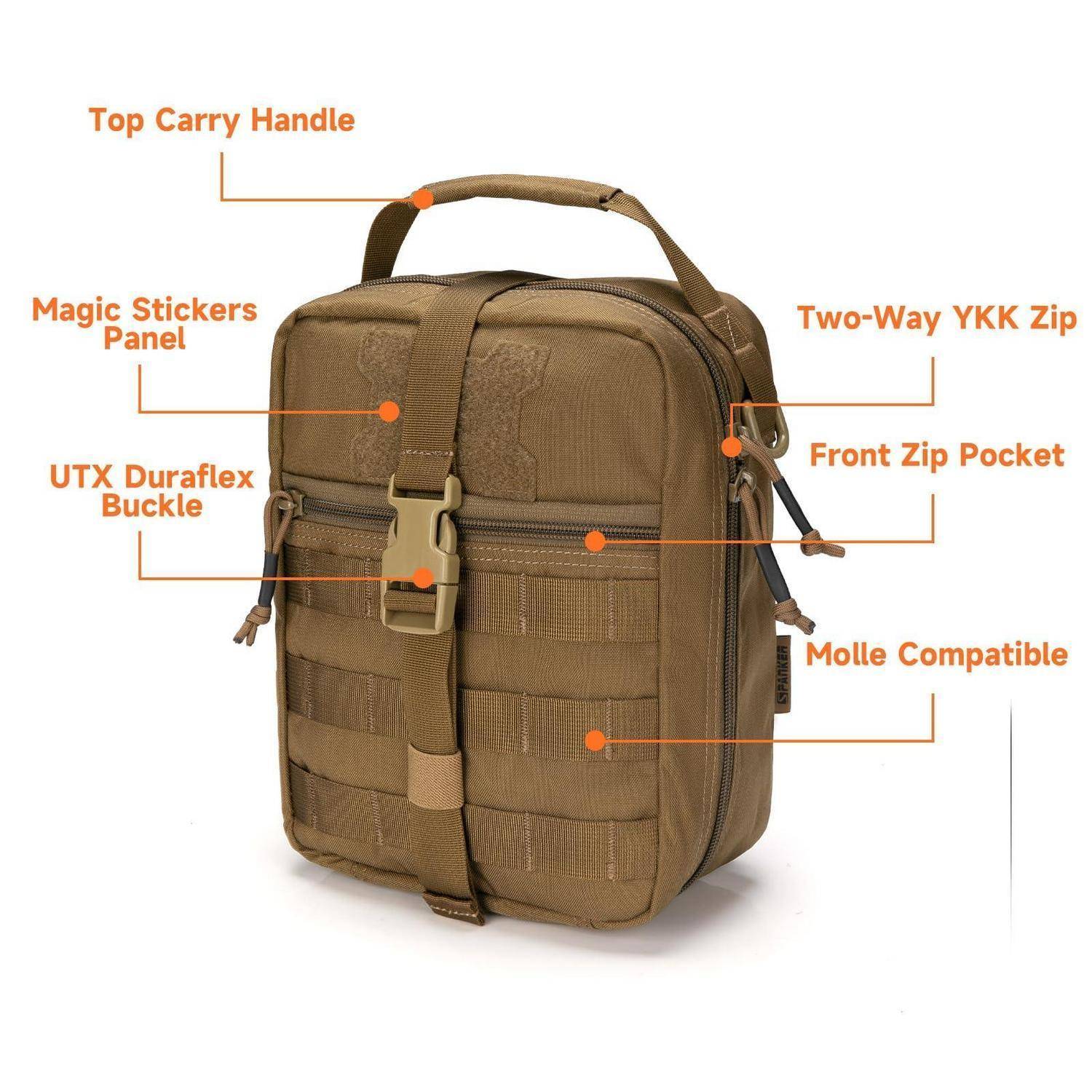 Brauner taktischer Rucksack mit beschrifteten Merkmalen: oberer Tragegriff, Magic Stickers Panel, UTX Duraflex Schnalle, bidirektionaler YKK Reißverschluss, vordere Reißverschlusstasche und MOLLE Webbing.