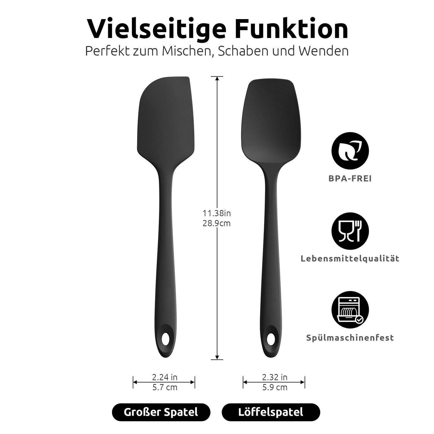 Produktinfografik zeigt zwei schwarze Silikonspatel für die Küche, beschriftet mit „Großer Spatel