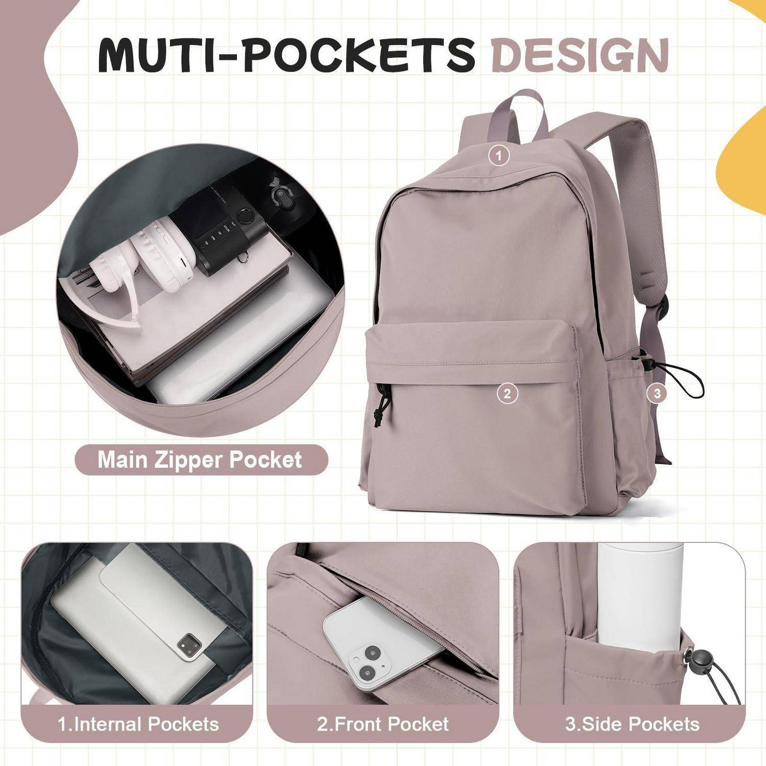 Werbung für einen mauvefarbenen Rucksack mit der Bezeichnung „MULTI-POCKETS-DESIGN", der eine Hauptreißverschlusstasche und drei Lagerbereiche zeigt: innere, vordere und seitliche Taschen.