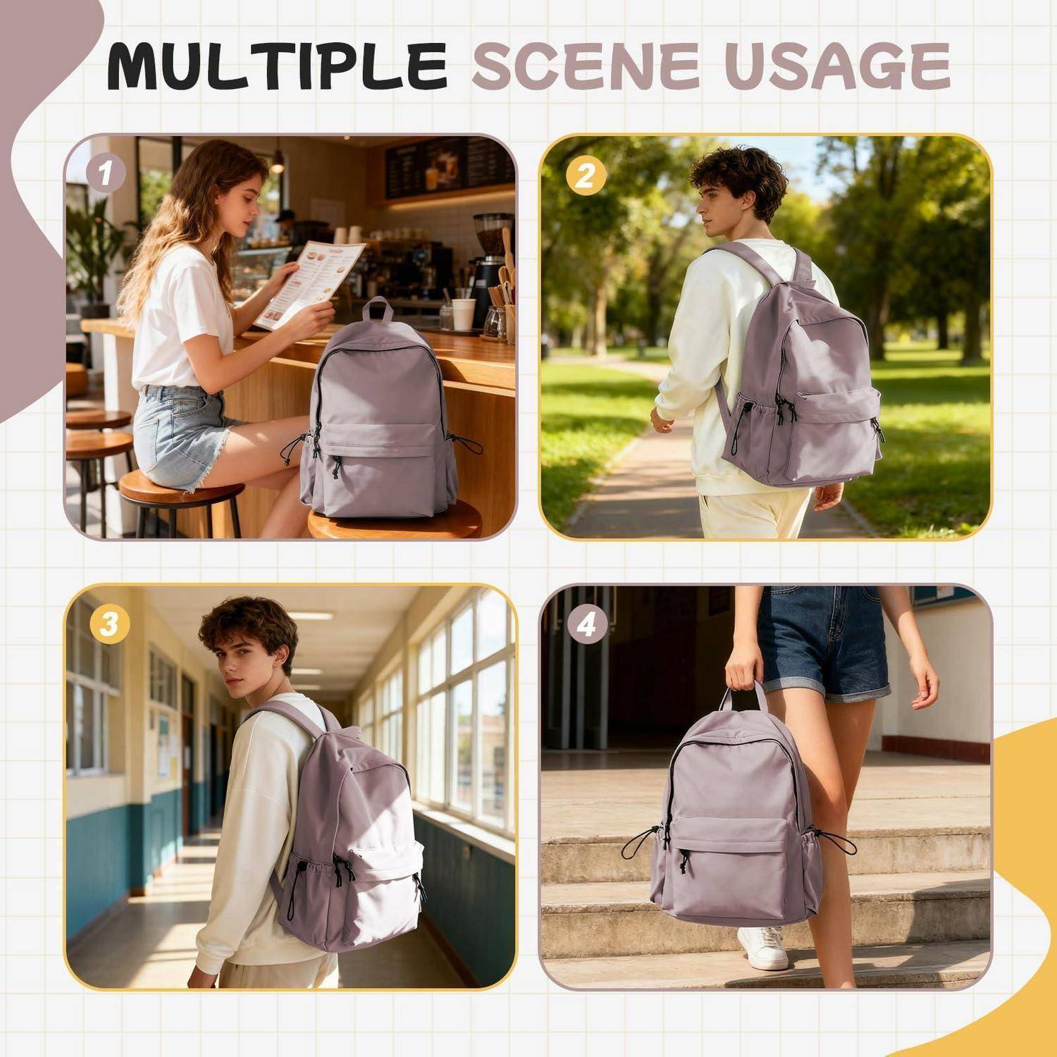Collage mit dem Titel „MULTIPLE SCENE USAGE" zeigt einen grauen Rucksack, der von einer Frau in einem Café beim Lernen verwendet wird, von einem Mann beim Gehen im Freien und in einem Flur, und von einer Person, die ihn auf Stufen in der Hand trägt.