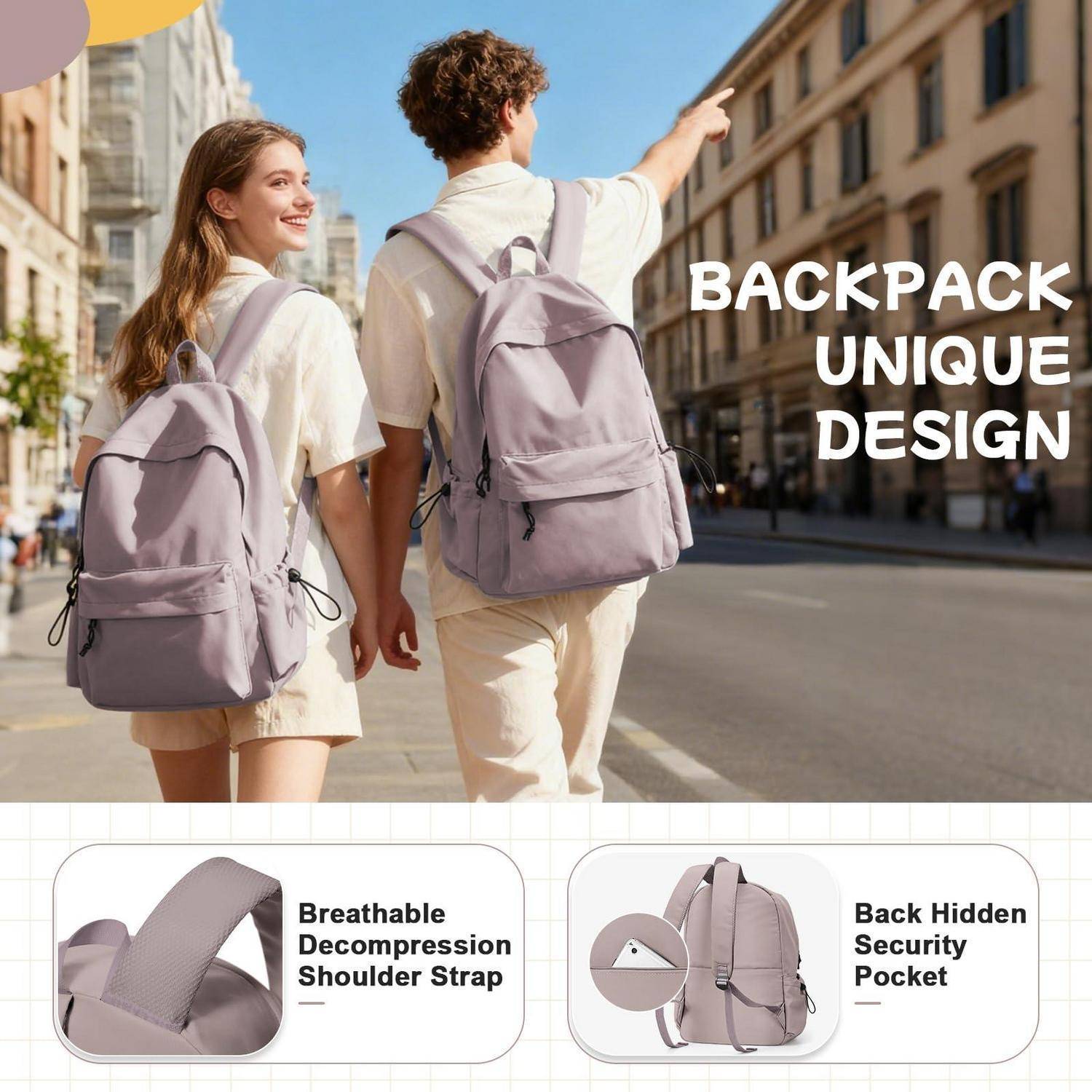Zwei Personen, die hellgraue Rucksäcke tragen, gehen in einer Stadtstraße; eine Person deutet nach vorne. Der Text besagt „RUCKSACK EINZIGARTIGES DESIGN" und zeigt Funktionen wie atmungsaktive Schultergurte und versteckte Sicherheitstaschen.