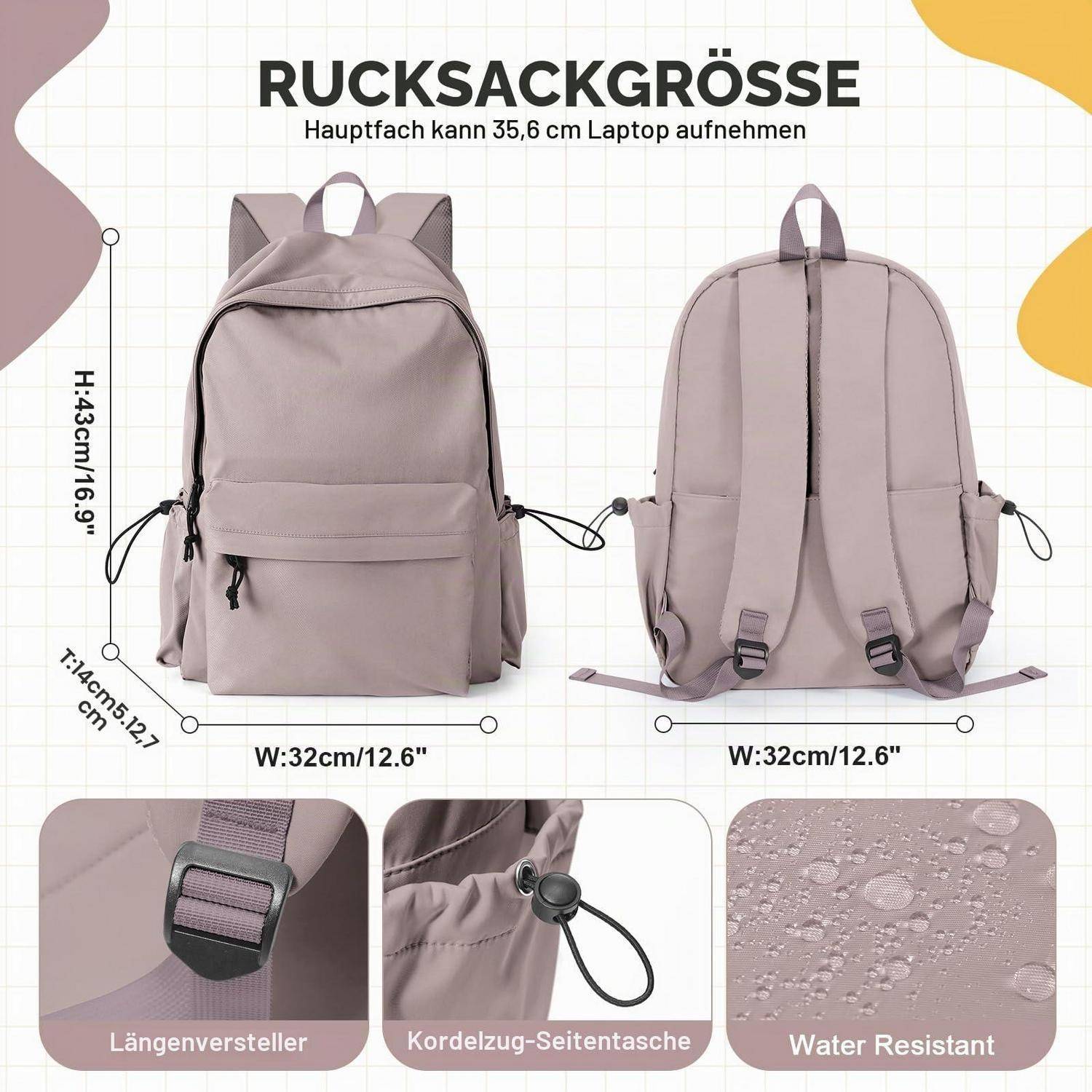 Größentabelle für Rucksäcke zeigt einen taupefarbenen Rucksack von vorne und hinten, 43 cm hoch und 32 cm breit, passt für einen 35,6 cm Laptop; Details beinhalten verstellbare Riemen, seitliche Kordelzugtasche und wasserbeständiges Material.