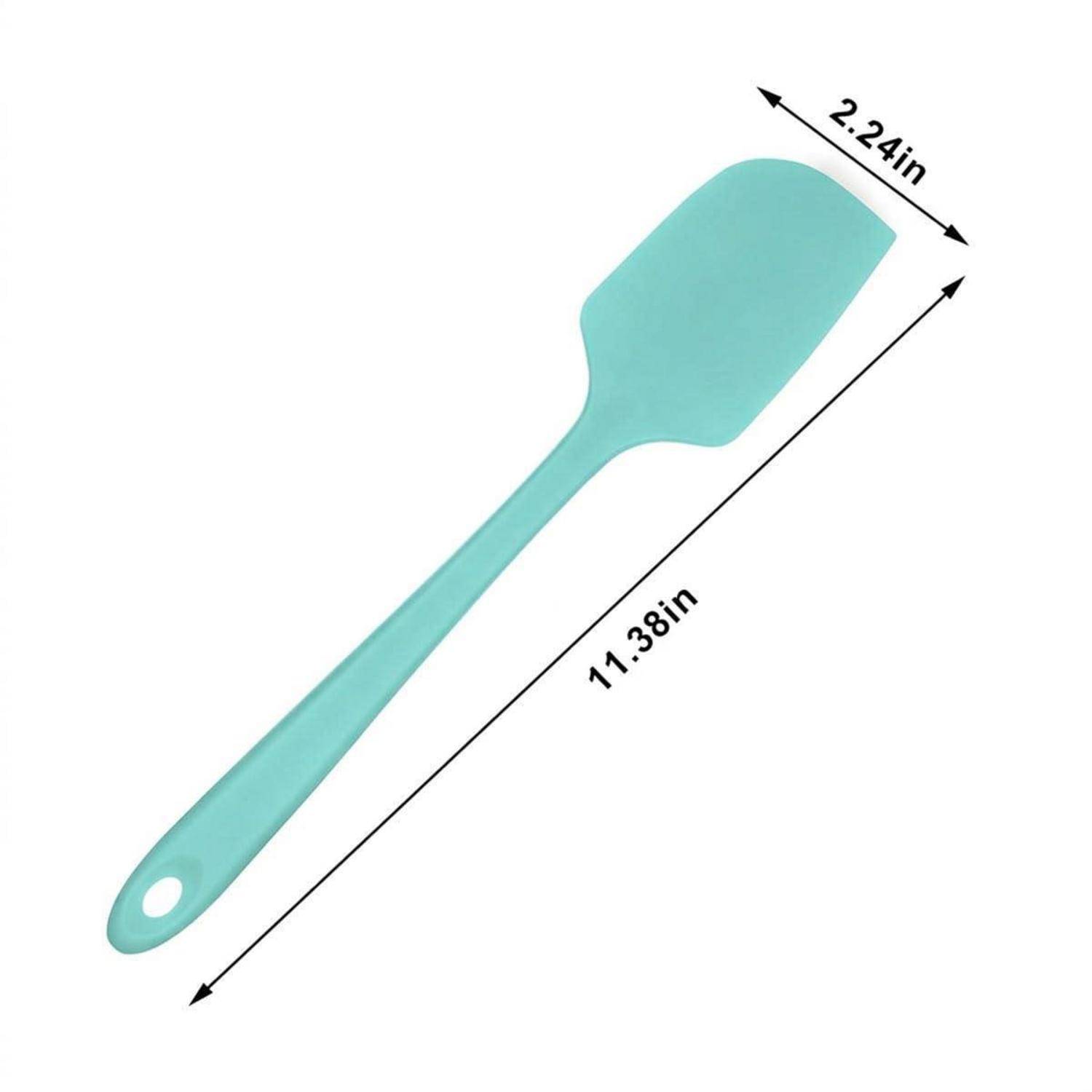 Teal-farbener Silikon-Spatel, diagonal auf weißem Hintergrund gezeigt, mit der Beschriftung 11,38 Zoll lang und 2,24 Zoll breit.