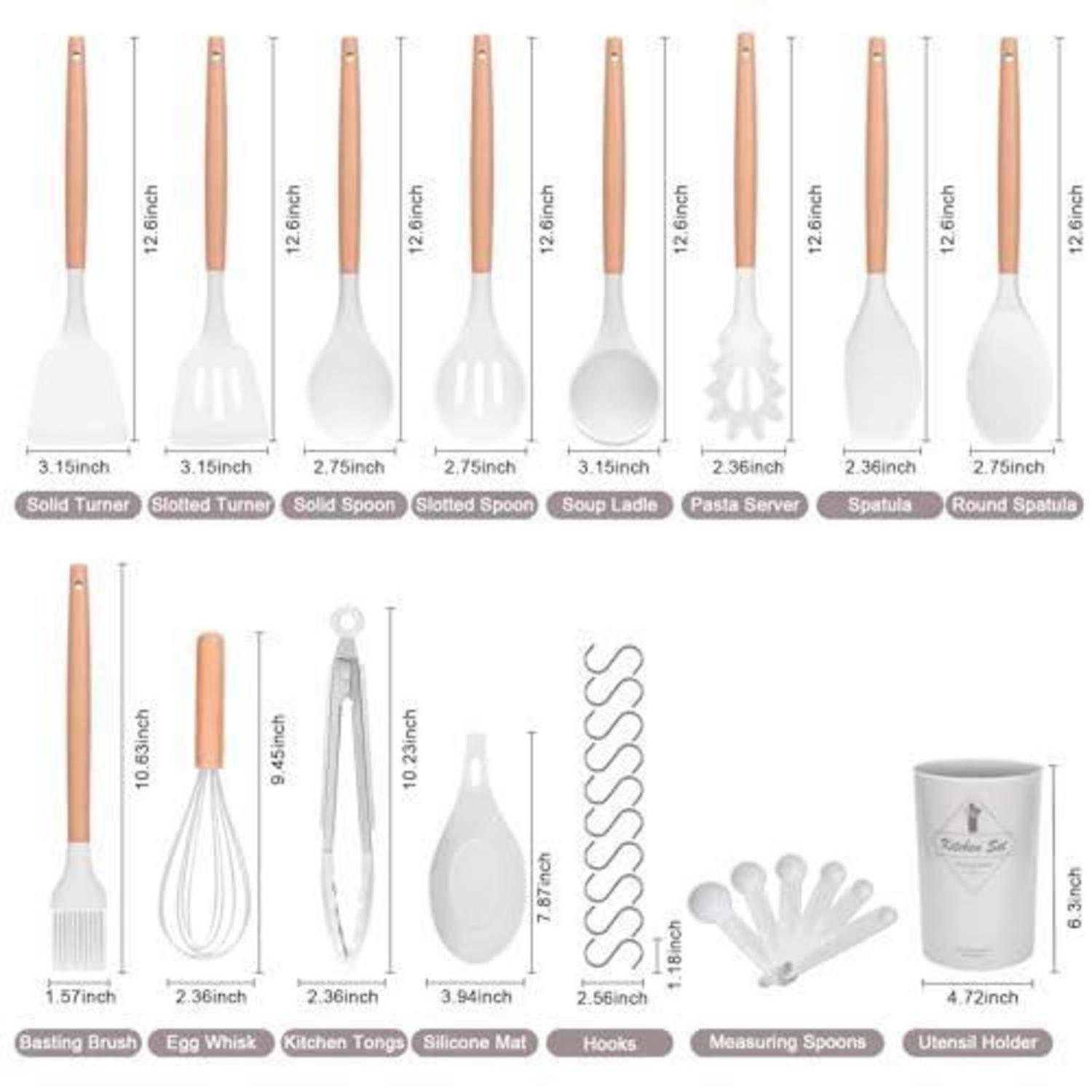 Illustriertes Kücheutensilien-Set mit beschrifteten Werkzeugen und Größen: Wender, Löffel, Schöpflöffel, Pastaheber, Spatel, Bratwurst-Pinsel, Schneebesen, Zange, Silikon-Matte, Haken, Messlöffel und Utensilien-Halter.