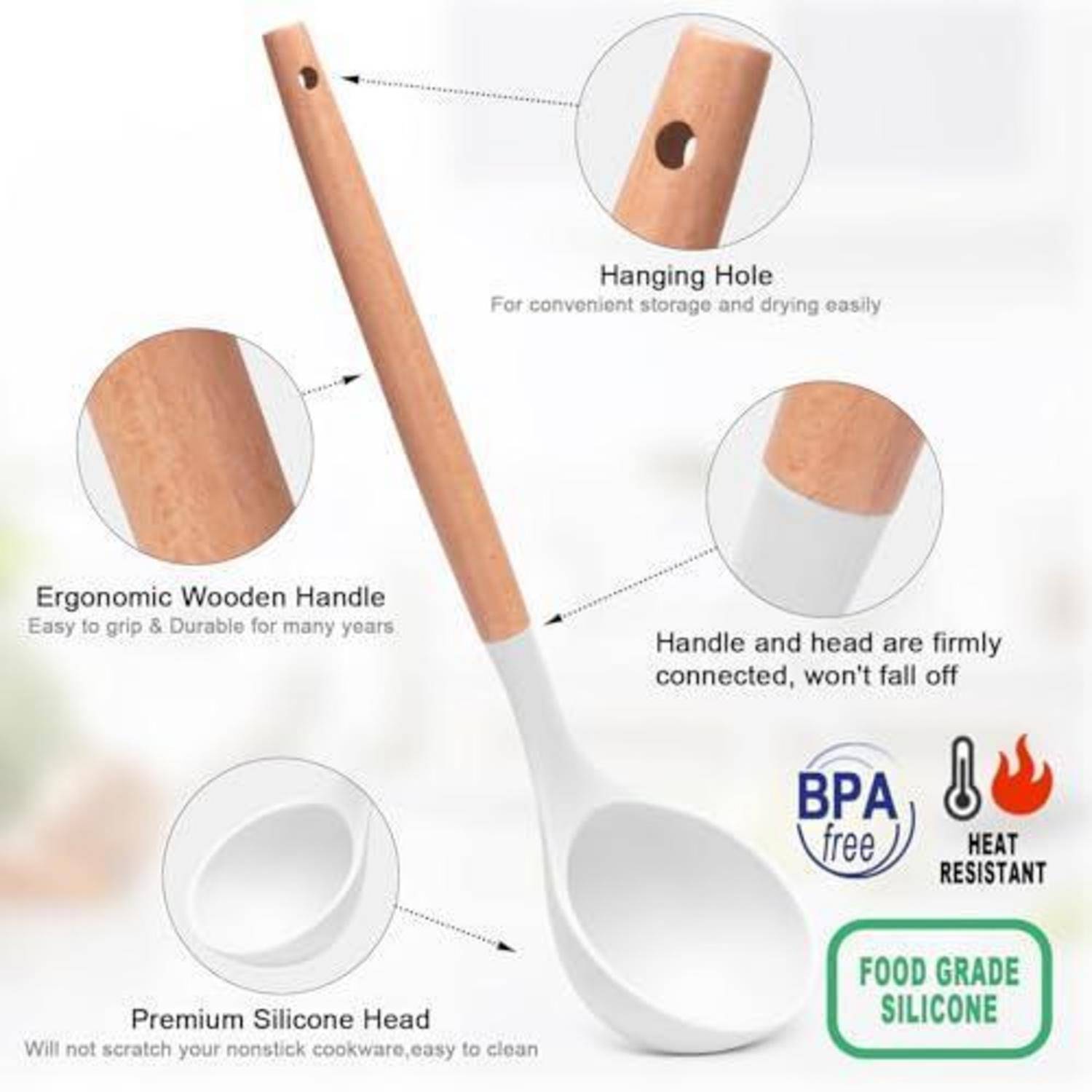 Produktbild eines weißen Silikonkochlöffels mit Holzgriff, gekennzeichnete Merkmale: Aufhängeloch, ergonomischer Griff, robuste Verbindung, hochwertiger Silikonkopf, BPA-frei, hitzebeständig, Lebensmittel-Silikon.