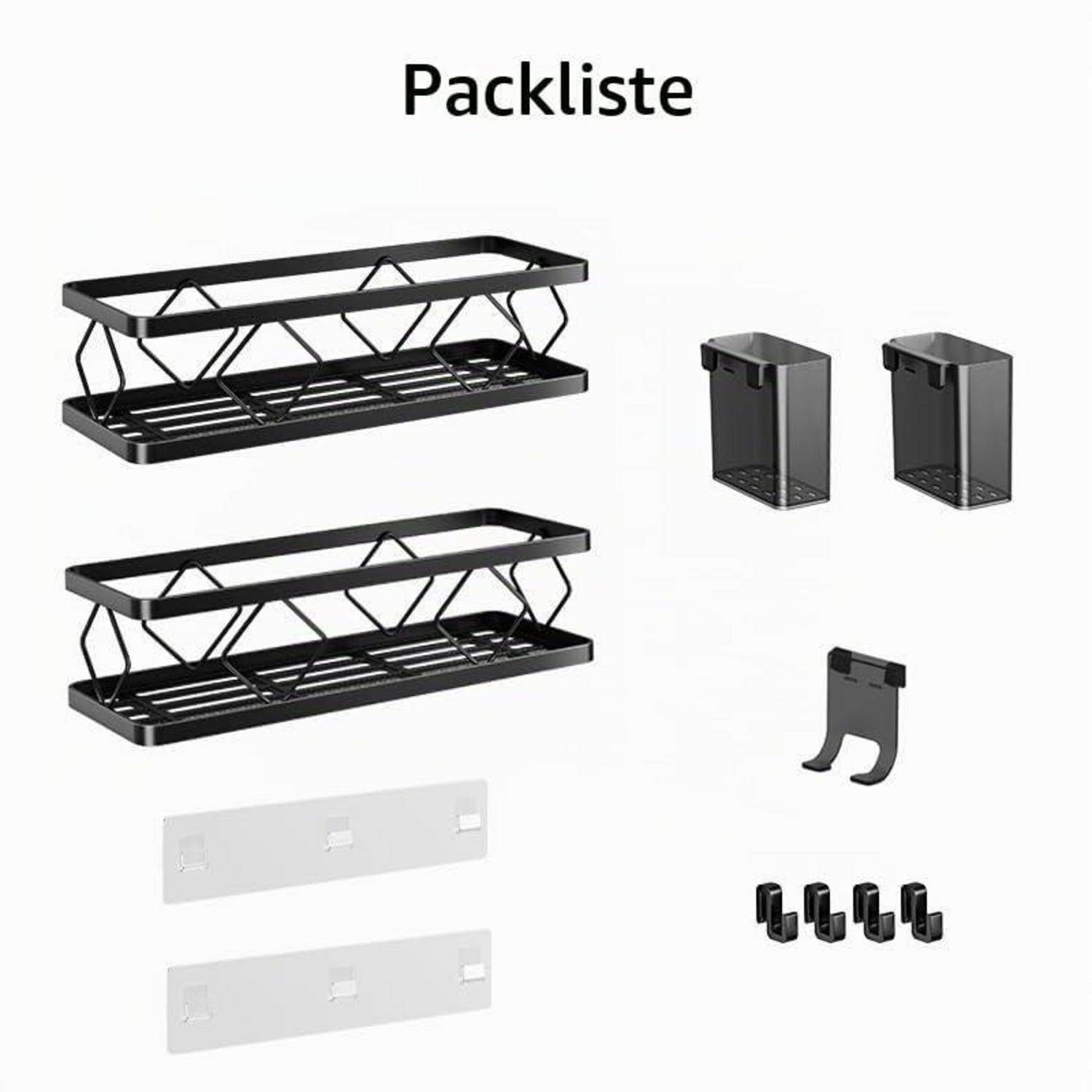 Packliste zeigt zwei schwarze wandmontierte Regalorganizer, zwei Zubehörhalter, eine Wandplatte und vier Montageclips.