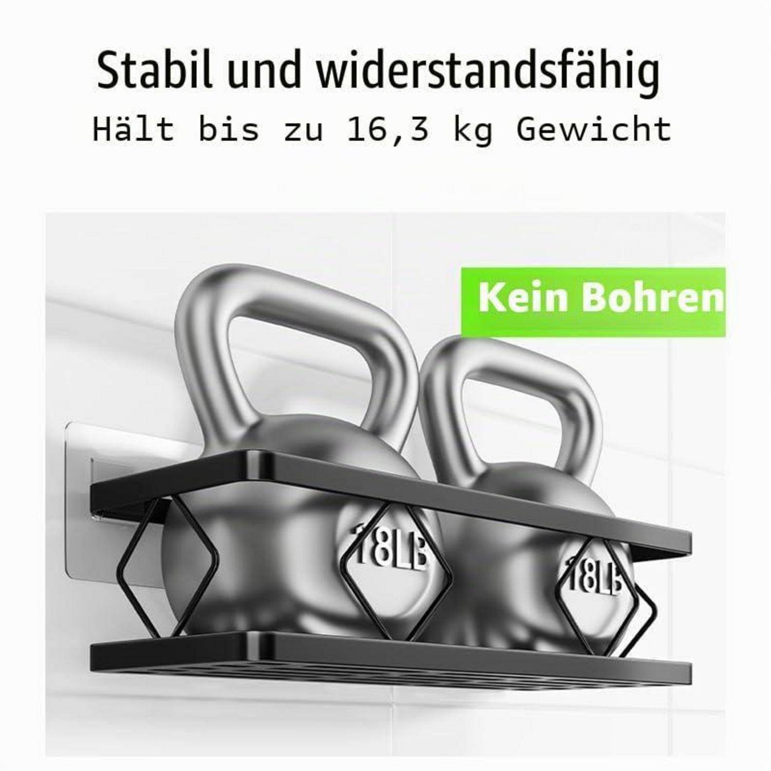 Wandmontiertes Lagerbrett, auf dem zwei Kettlebells liegen, beschriftet mit „Stabil und langlebig", „Hält bis zu 16,3 kg"", und „Kein Bohren erforderlich"".