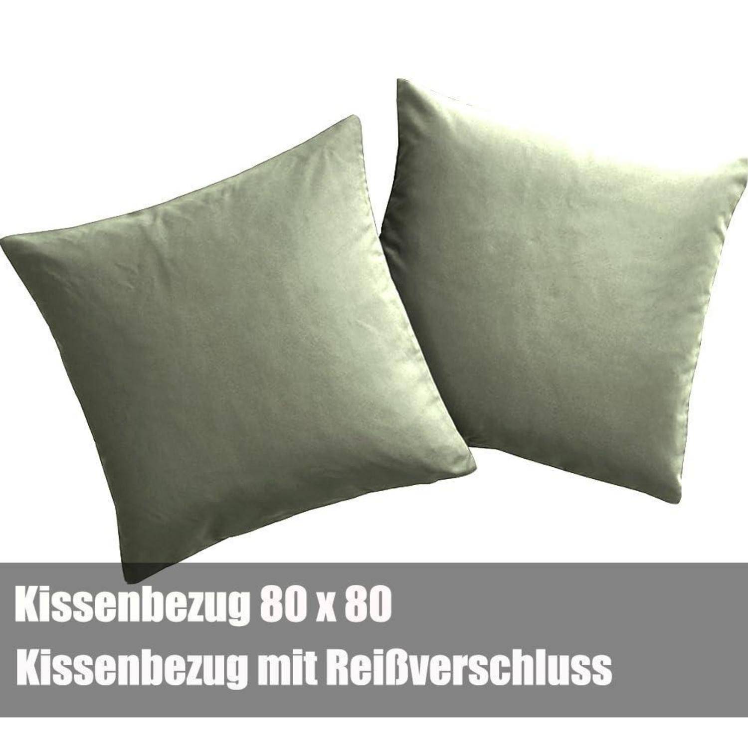 Zwei olivgrüne quadratische Kissenbezüge auf weißem Hintergrund, beschriftet mit „Kissenbezug 80 x 80" und „Kissenbezug mit Reißverschluss"".