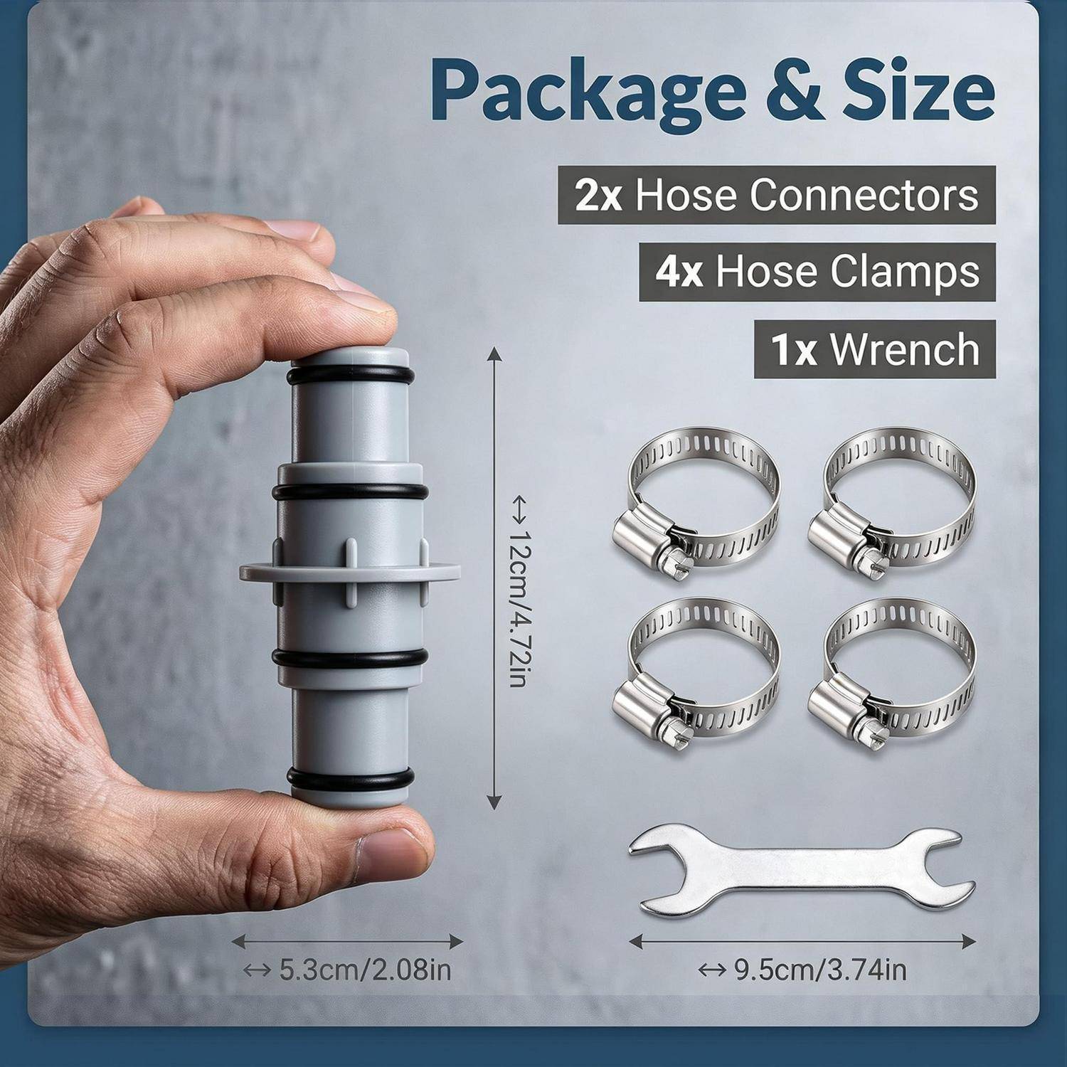 Paketinhalt und Größen: 2 Schlauchanschlüsse, 4 Schlauchschellen und 1 Schraubenschlüssel; Anschluss ist 12 cm hoch und 5,3 cm breit, Schraubenschlüssel 9,5 cm lang.