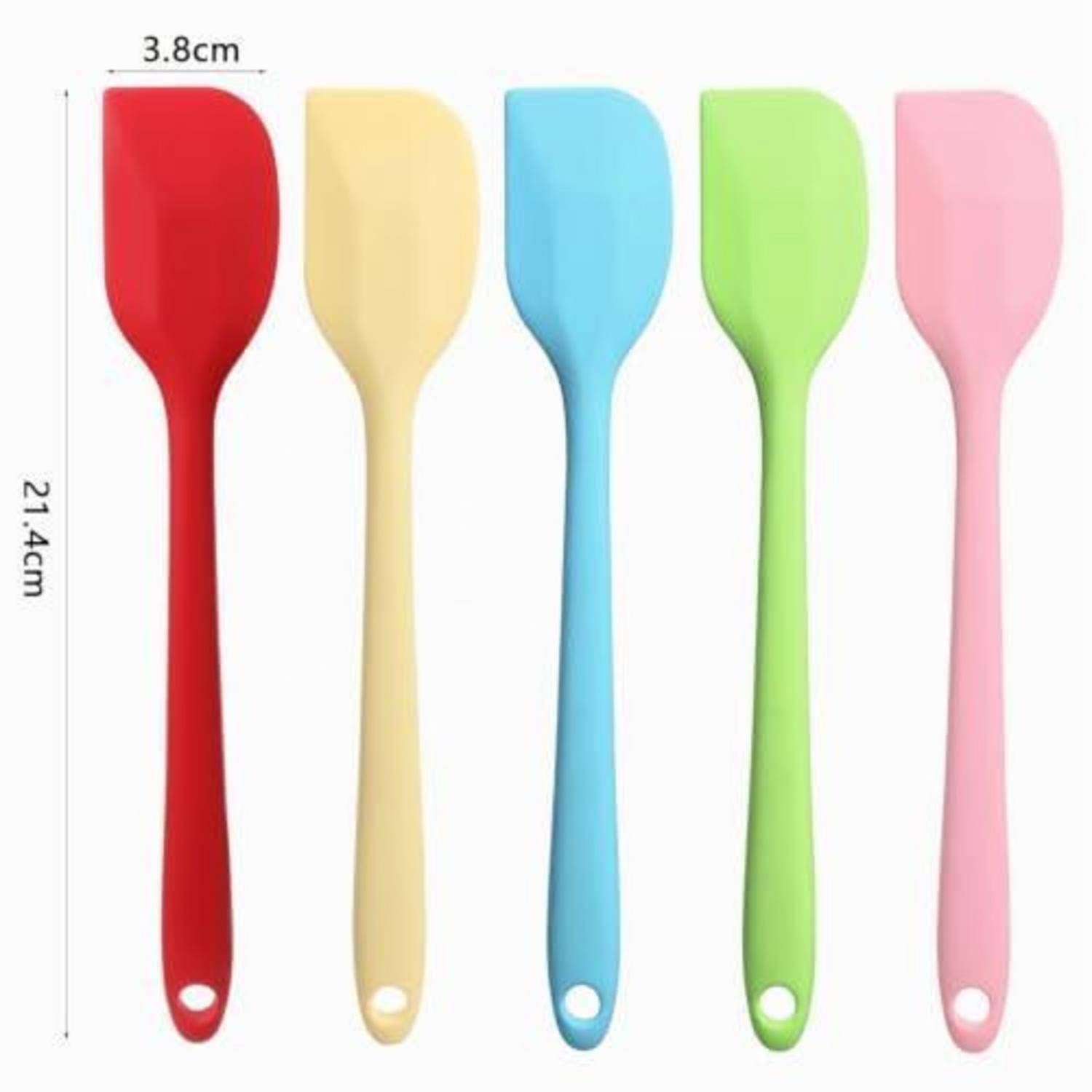 Fünf farbenfrohe Silikon-Spatel aufrecht angeordnet, beschriftet mit 21,4 cm Höhe und 3,8 cm Breite.