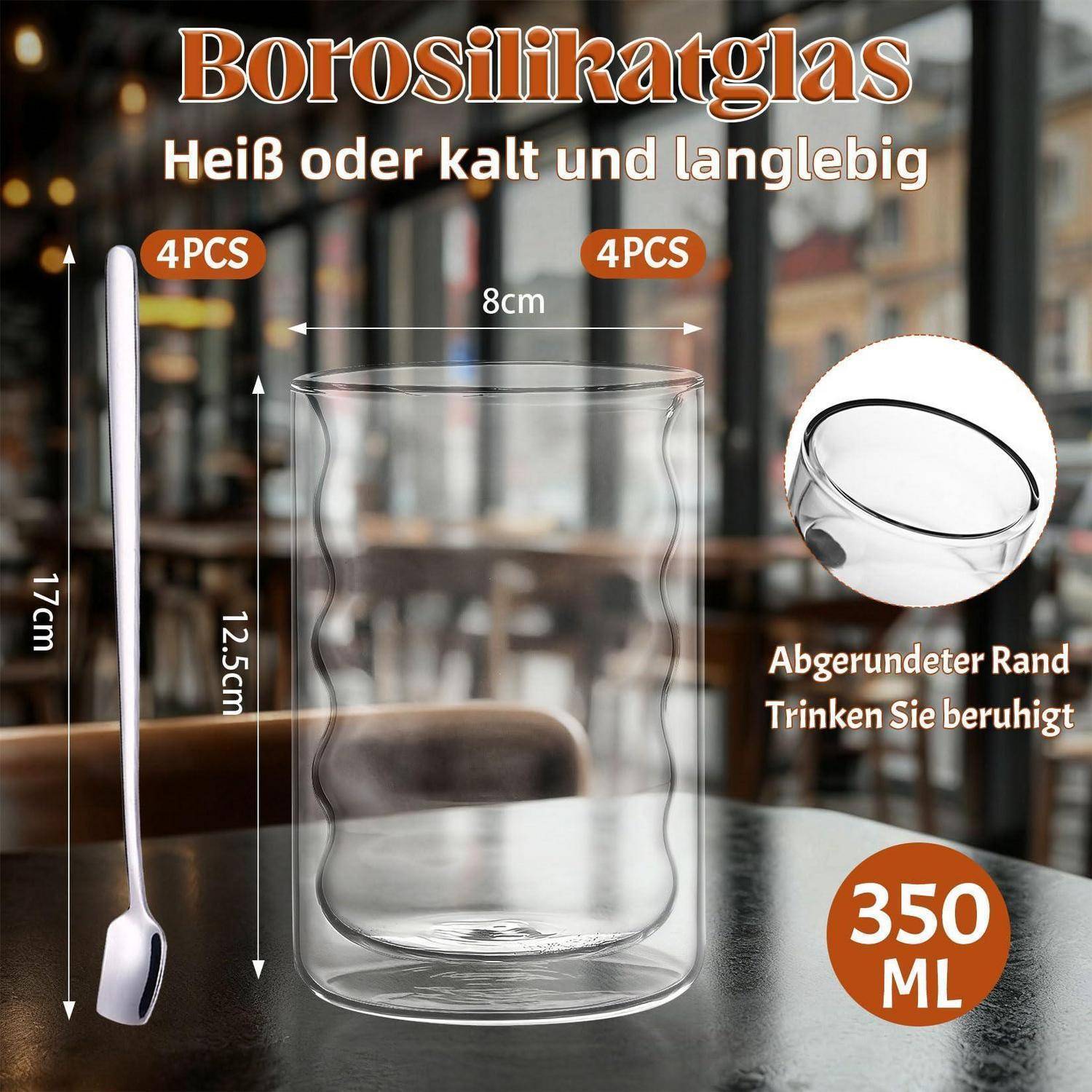 Borosilikat-Glassatz mit 4 Löffeln, 350 ml Fassungsvermögen, 12,5 cm hoch und 8 cm breit, mit abgerundetem Rand für sicheres Trinken.