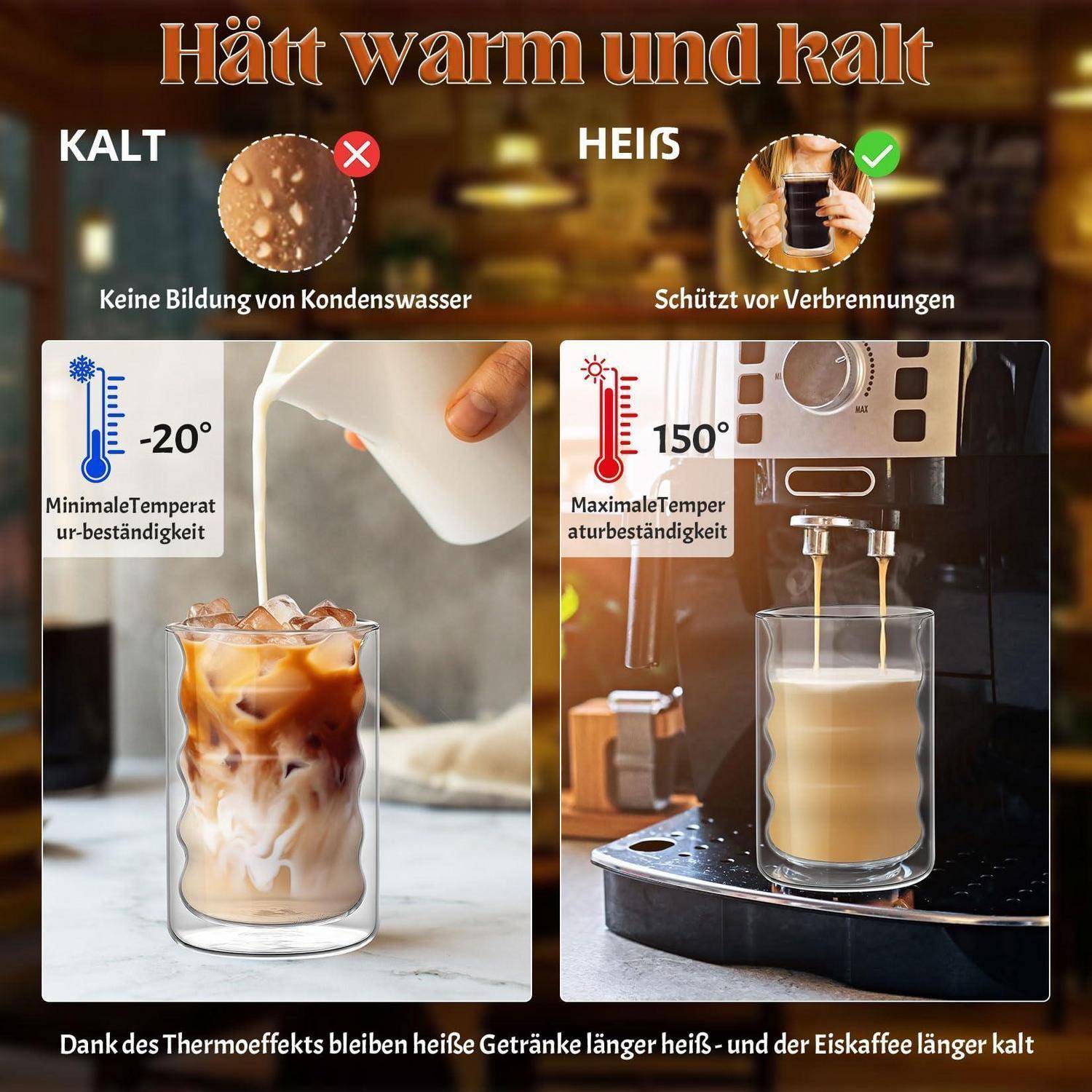 Infografik zum Vergleich von kalten und heißen isolierten Gläsern: Kaltgetränke bleiben bis -20°C kalt ohne Kondensation; Heißgetränke bleiben bis 150°C sicher und verhindern Verbrennungen.