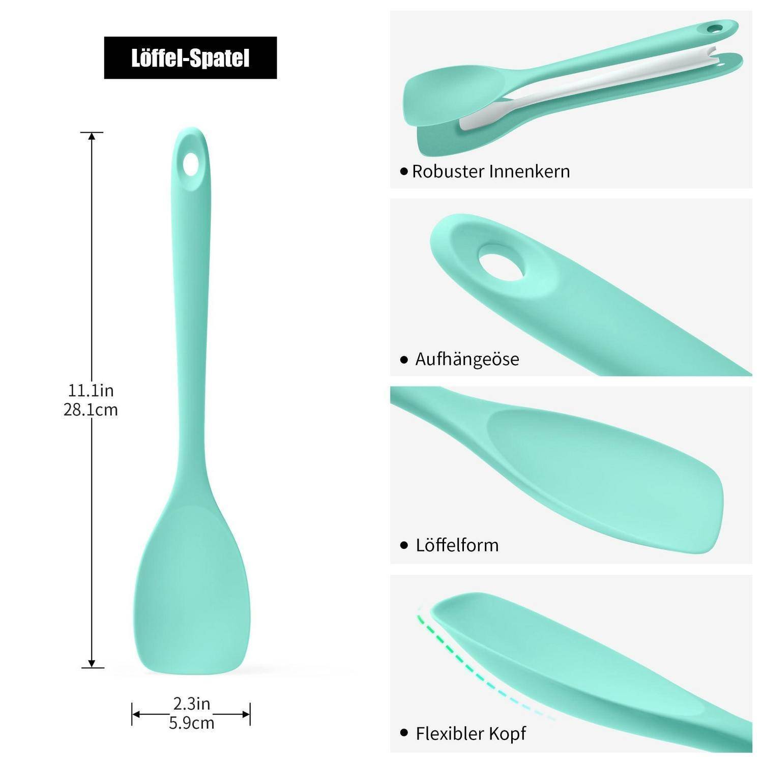 Diagramm eines mintgrünen 'Löffel-Spatel', das die Größe 11,1 Zoll/28,1 cm x 2,3 Zoll/5,9 cm und die Merkmale zeigt: robuster innerer Kern, Aufhängeschleife, Löffelform, flexibler Kopf.