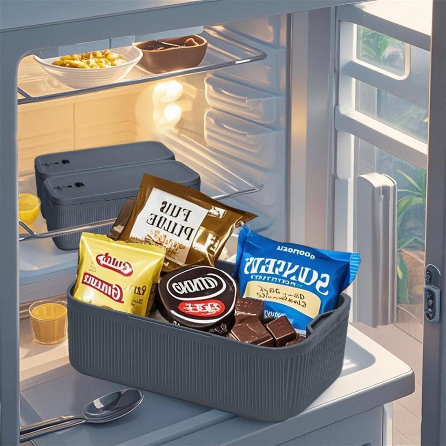 Offenes Kühlschrankregal mit einem grauen Korb, der Snacks und Schokoladenbars hält, zeigt verpackte Leckereien, die im Kühlschrank gelagert werden.