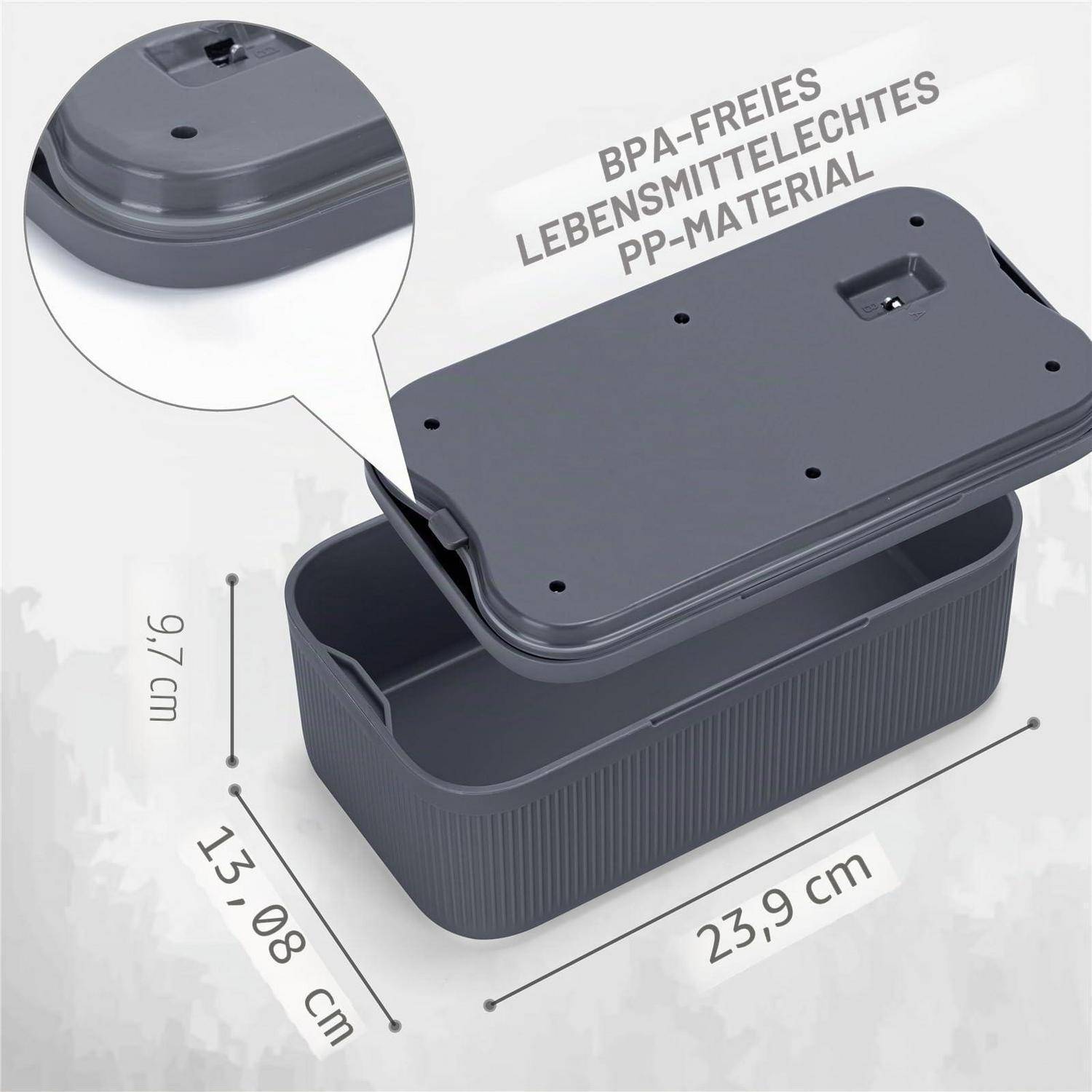 Grauer rechteckiger Lebensmittelbehälter mit Deckel, gekennzeichnet mit BPA-freiem, lebensmittelsicherem PP-Material; Abmessungen: 23,9 cm x 13,0 cm x 9,7 cm.