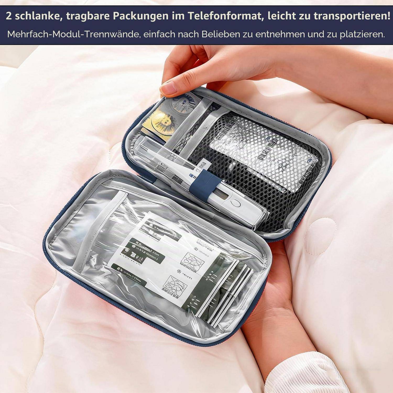 Zwei tragbare Handyhüllen-Format-Koffer, die in Händen offengehalten werden und modulare Mesh-Organizer sowie eine Powerbank zeigen; Deutscher Text sagt „2 schlanke, tragbare Pakete im Handyformat, leicht zu transportieren" und „abnehmbare modulare Trennwände"".
