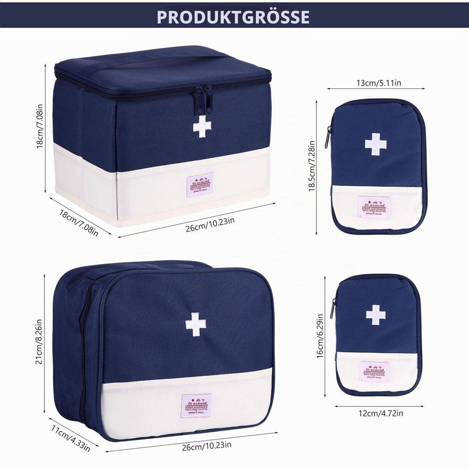 Größentabelle für dunkelblau-weiße Erste-Hilfe-Taschen, die zwei Taschenstile mit Abmessungen in cm und Zoll unter dem Titel „PRODUKTGRÖSSE" zeigt.