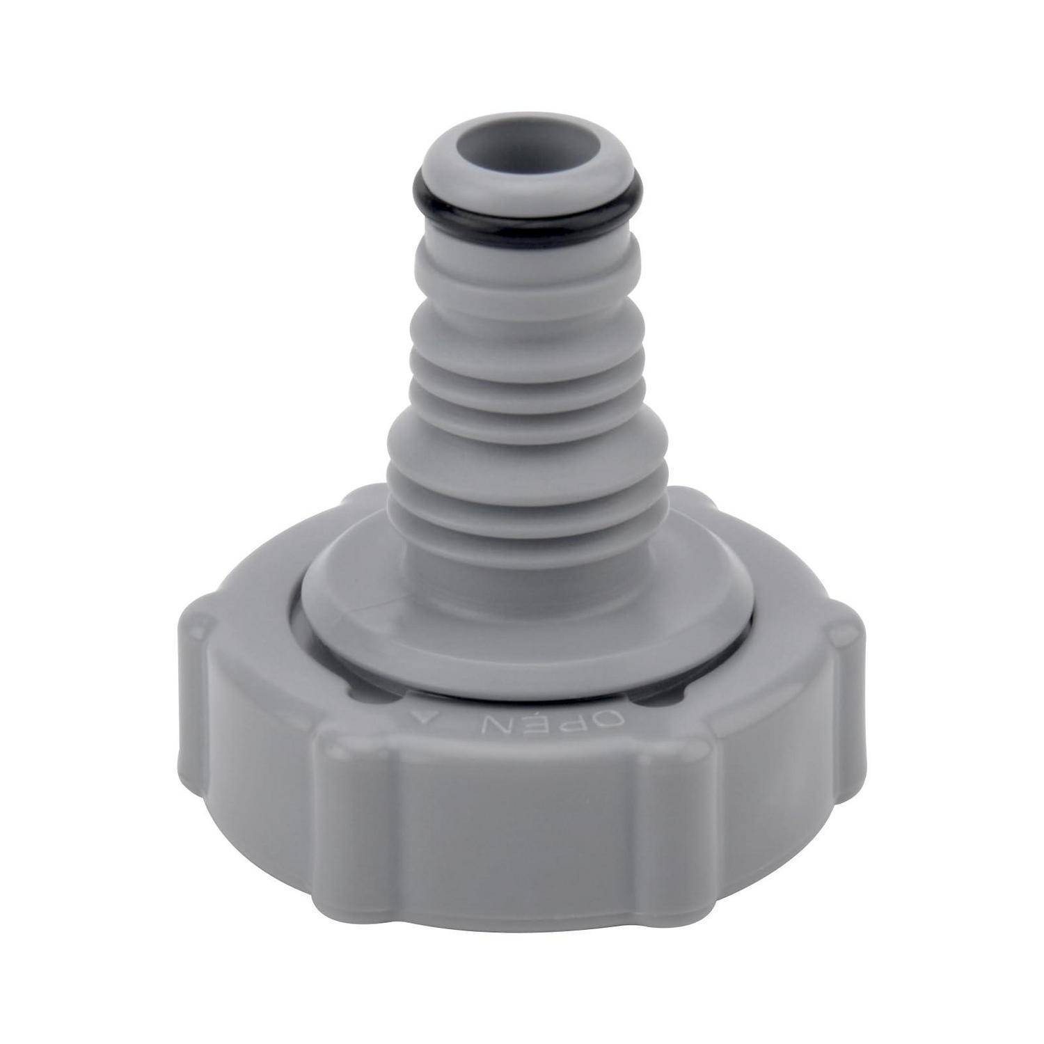Grauer Kunststoff-Gartenschlauch-Adapter mit Gewindeverbinder und großer Handschraubkappe auf weißem Hintergrund.