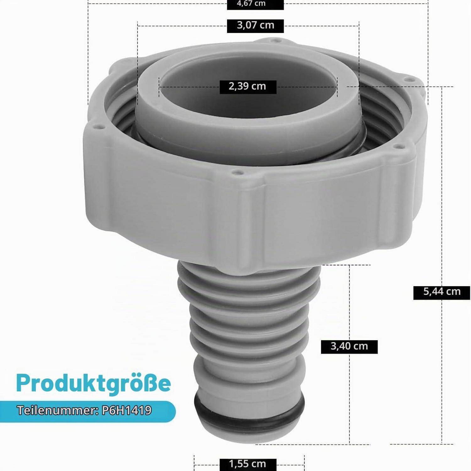 Produktgrößen-Diagramm einer grauen Kunststoffverschraubung mit Gewinde, das Abmessungen in Zentimetern zeigt und die Beschriftungen 'Produktgröße' und 'Teilenummer: P6H1419' enthält.