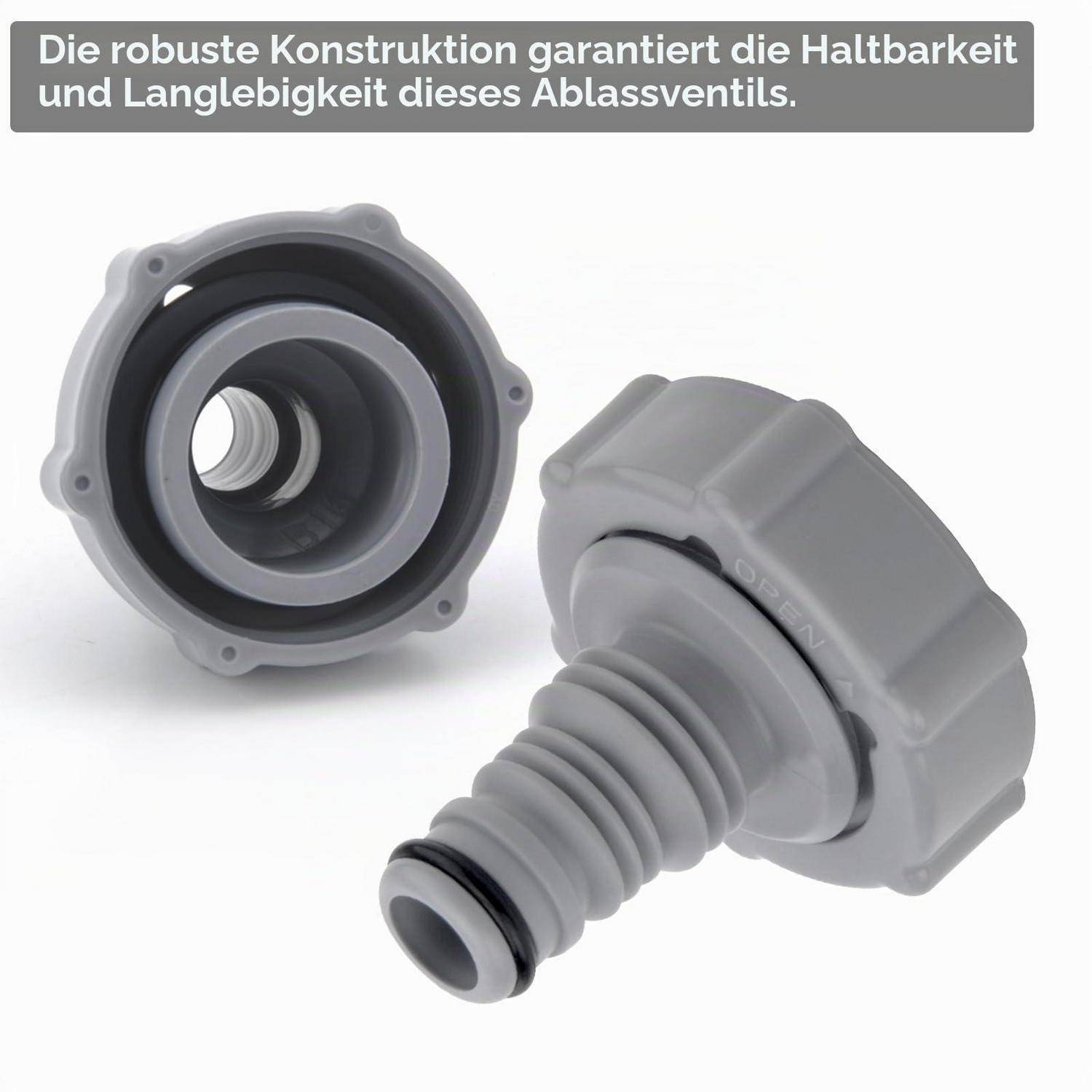 Zwei graue Kunststoff-Ablassventil-Teile auf weißem Hintergrund dargestellt, mit deutschem Text, der besagt, dass die robuste Konstruktion Langlebigkeit und Haltbarkeit gewährleistet.