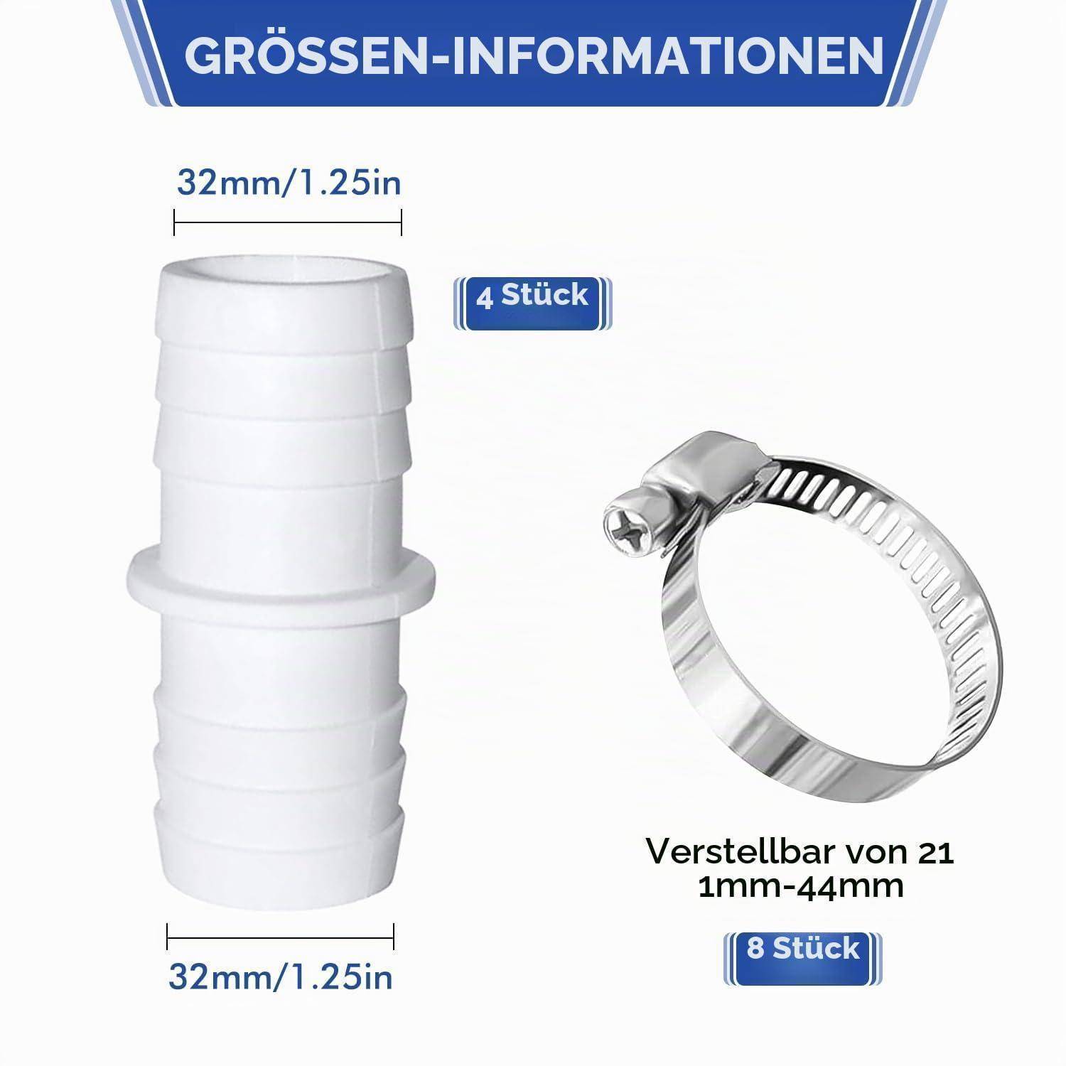 Größeninformationsgrafik mit einem 32 mm (1,25 Zoll) Schlauchanschluss und einer verstellbaren Schelle von 21-44 mm, gekennzeichnet mit 4 Stück und 8 Stück.