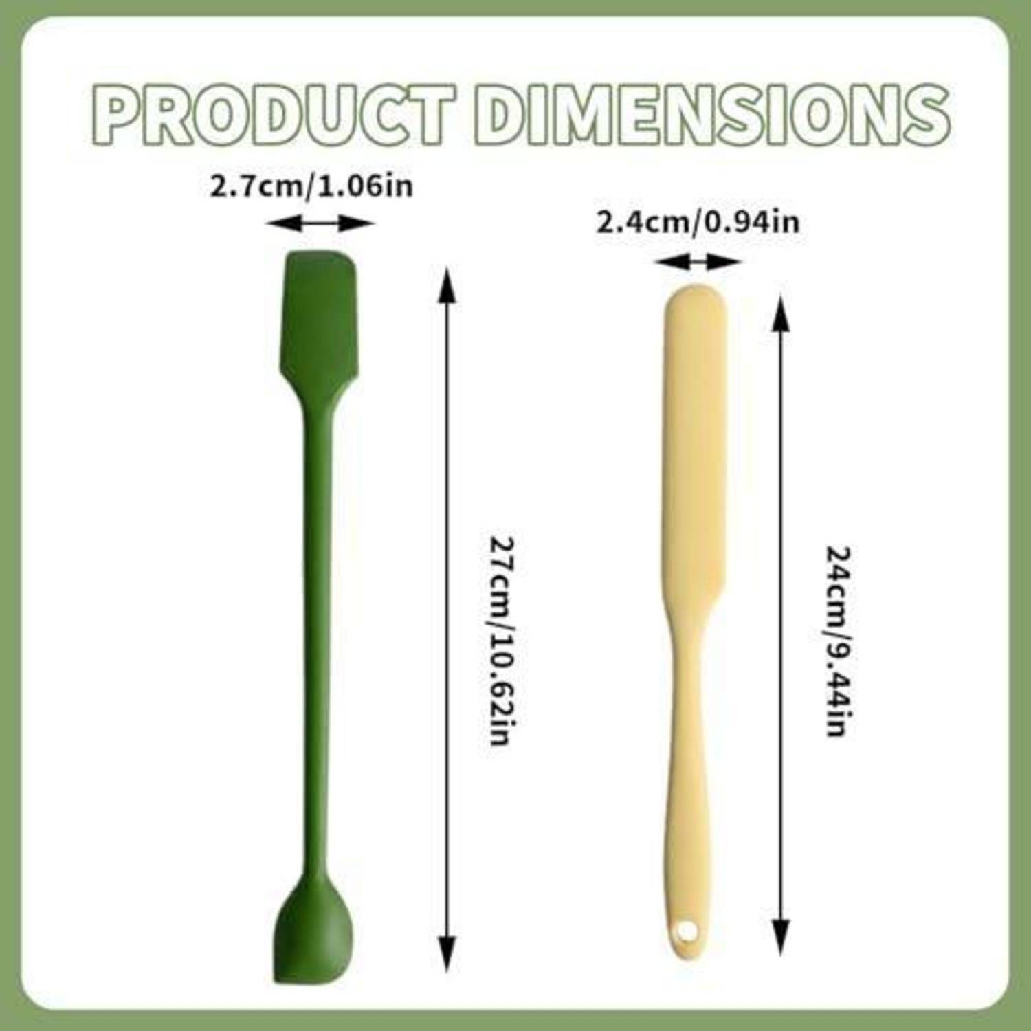 Produktmaßstabelle mit zwei Silikonspachteln: grün 27 cm lang und 2,7 cm breit, gelb 24 cm lang und 2,4 cm breit.