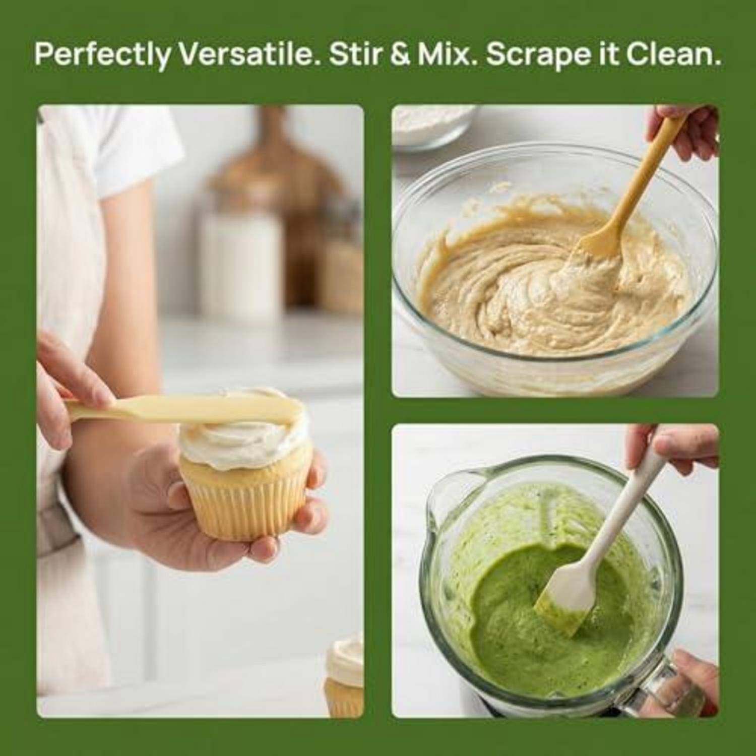 Werbebild, das einen Spatel zeigt, der Teig aus einem Cupcake kratzt, und das Mischen von Teig in zwei Schüsseln, mit dem Text „Perfekt vielseitig einsetzbar. Rühren & Mischen. Sauberes Kratzen.