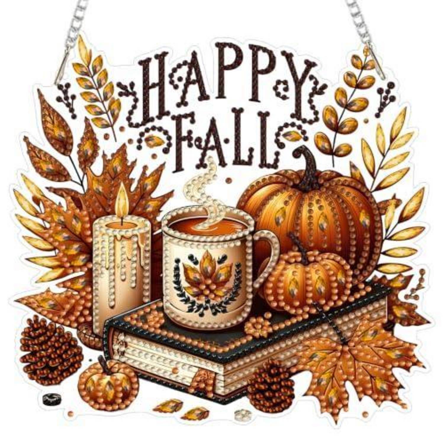„Glücklicher Herbst" Herbstdekoration mit Kürbis, Kerze, Becher, Buch und Herbstblättern in warmen Braun- und Goldtönen.