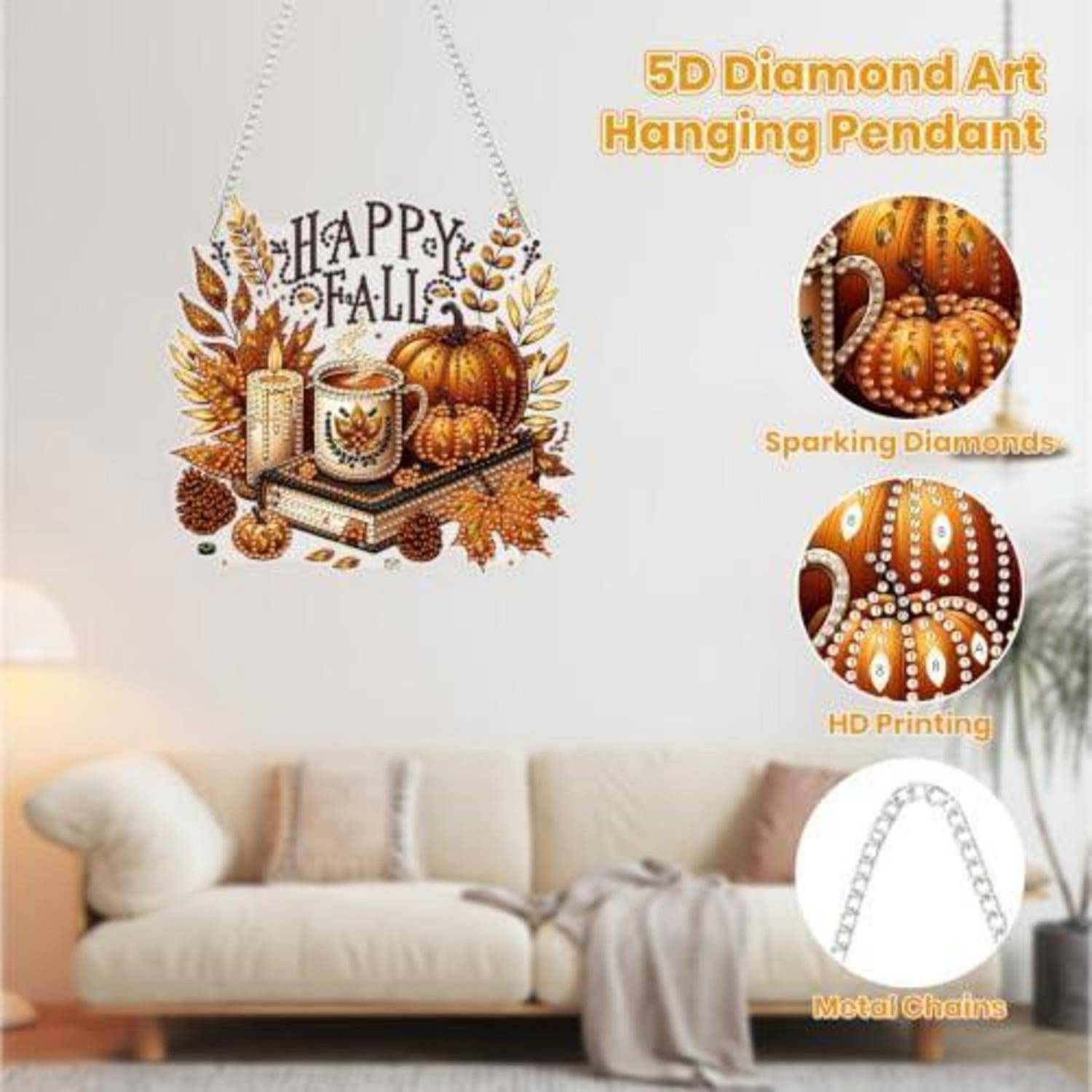 Halloween-Wandbehang aus Diamantkunst mit Kürbissen, Kerzen und Text "HAPPY FALL""; beinhaltet Nahaufnahmen von glitzernden Diamanten und Metallkette