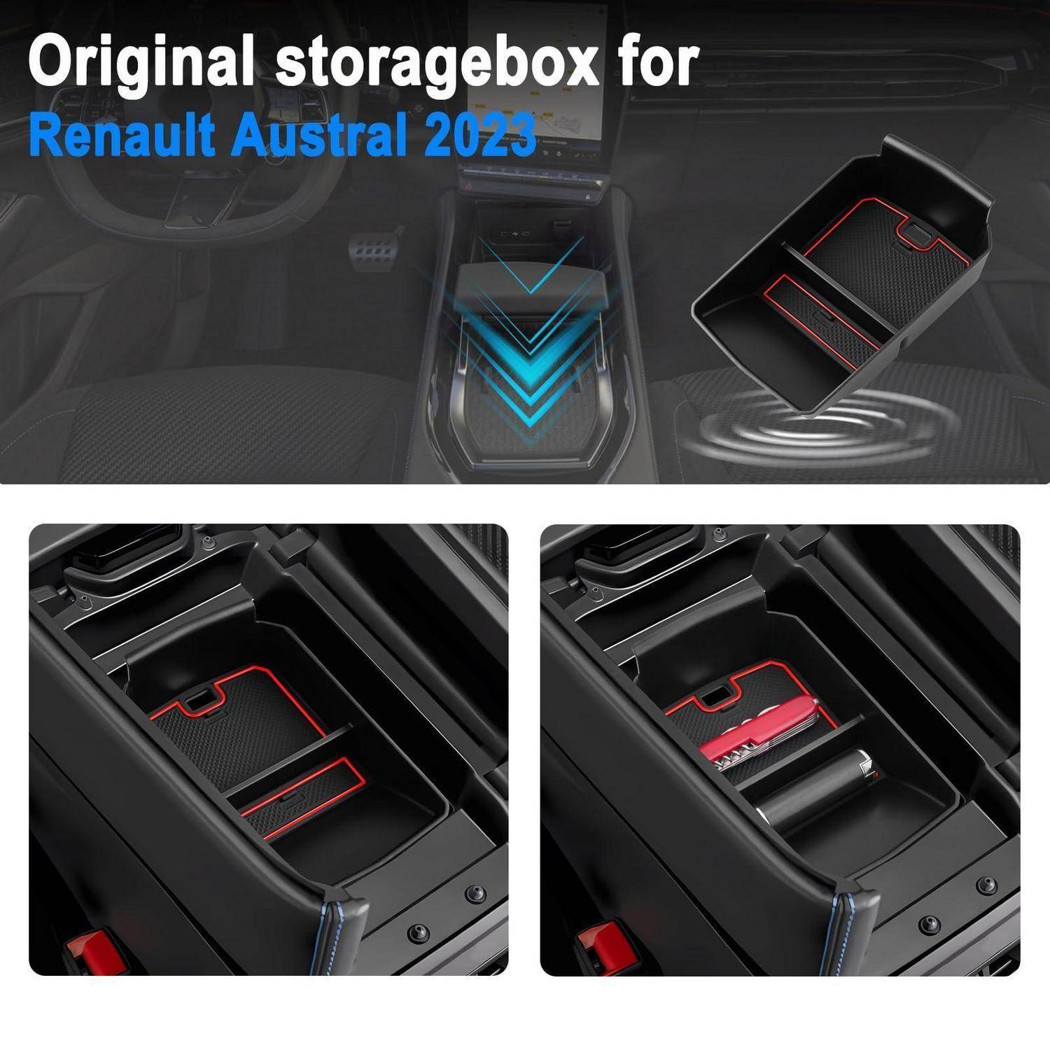 Aufbewahrungsbox für Renault Austral 2023 Innenraum, die den in der Mitttelkonsole angebrachten Organizer zeigt und zur Aufbewahrung kleiner Gegenstände wie Schlüssel und Stift verwendet wird.