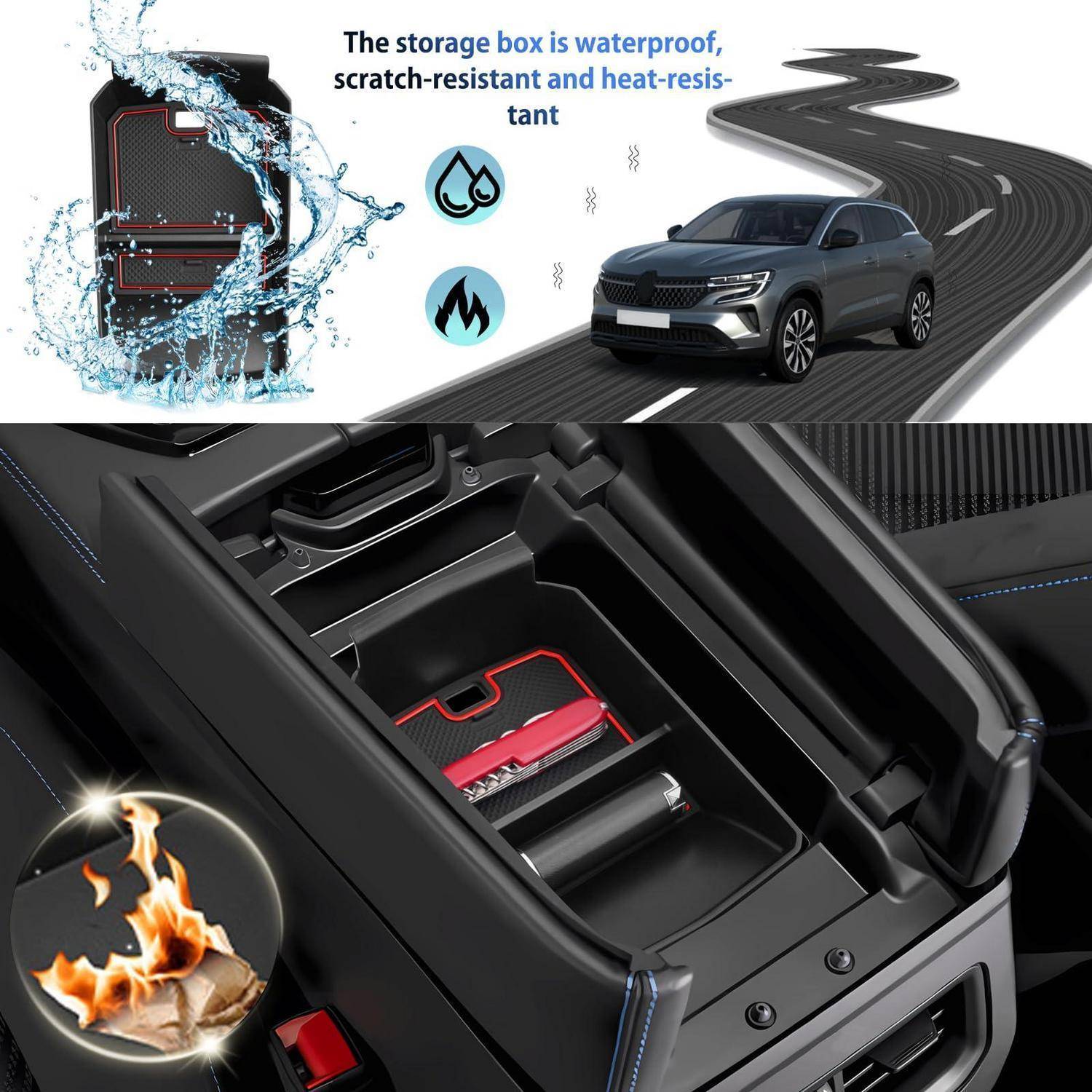 Werbebild eines SUV mit einer zentralen Aufbewahrungsbox, die als wasserdicht, kratzfest und hitzebeständig dargestellt wird, mit Symbolen und Fahrzeuginnen-Lagerräumen.
