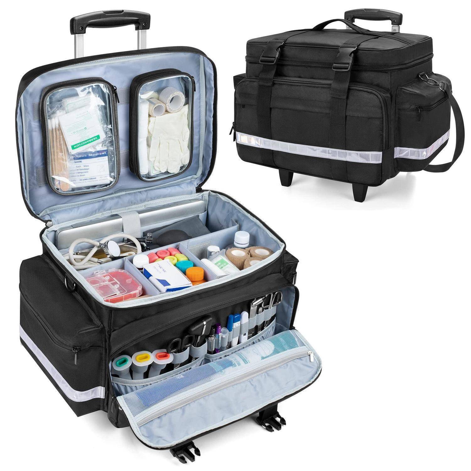 Schwarze rollbare medizinische Organizer-Tasche mit ausziehbarem Griff, offen mit geteiltem Stauraum für Materialien und einer Reißverschlusstasche vorne, sowie geschlossene Ansicht