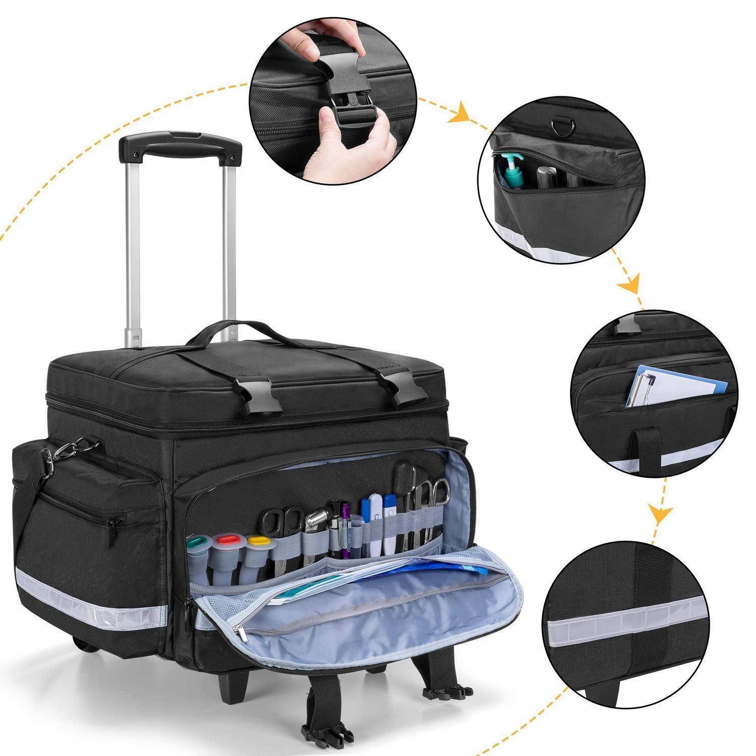 Schwarze Rollwerkzeugtasche mit ausziehbarem Griff, Organizer-Taschen an der Vorderseite, offenes Reißverschlussfach mit Werkzeugen und reflektierendem Seitenstreifen; eingefügte Nahaufnahmen zeigen Schnalle, Taschen und Gegenstände in den Taschen.