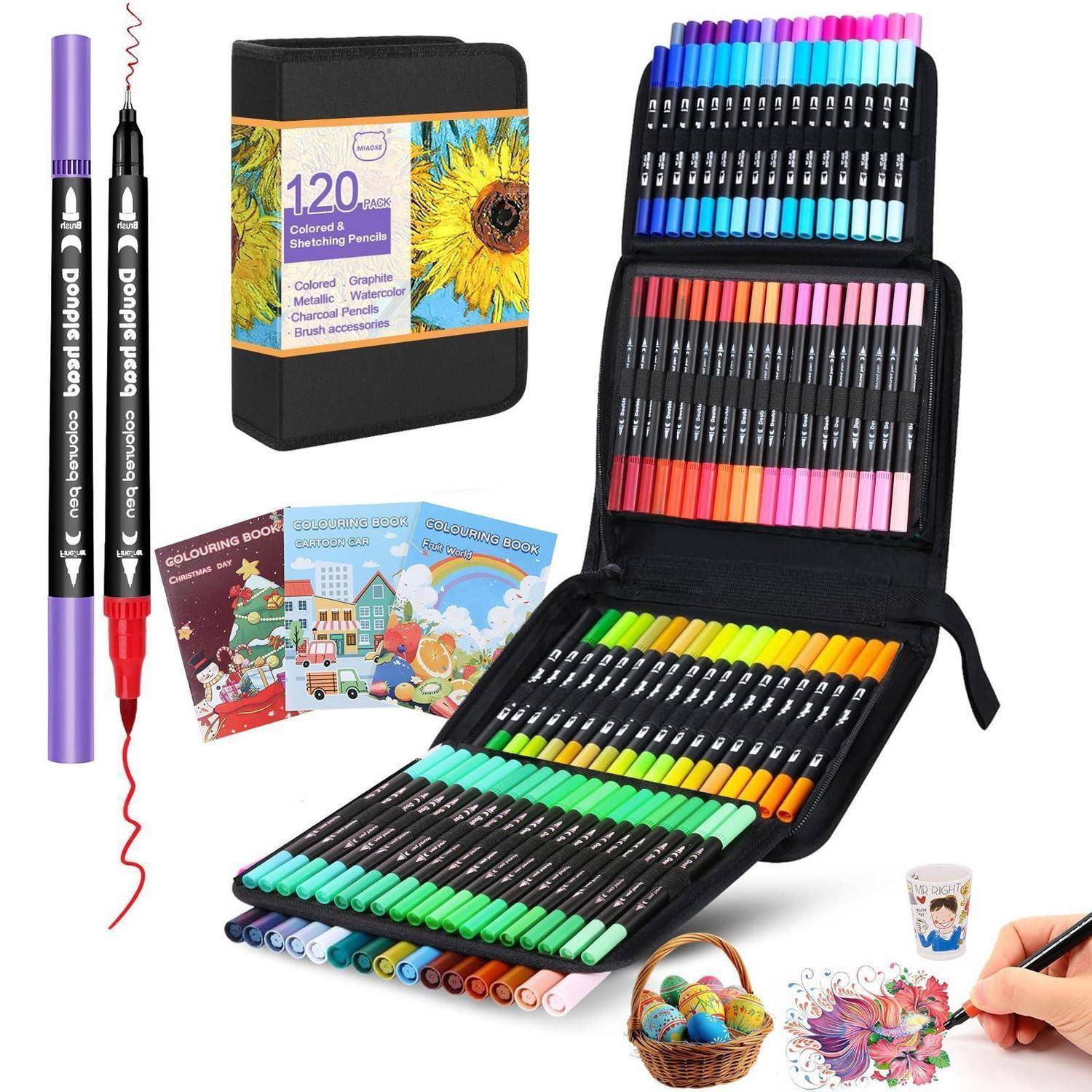 Kunstset mit 120 farbigen Stiften in einer Reißverschlusstasche, zwei Doppelspitzen-Stiften und Malbüchern; eine Hand koloriert ein Blumenmuster.
