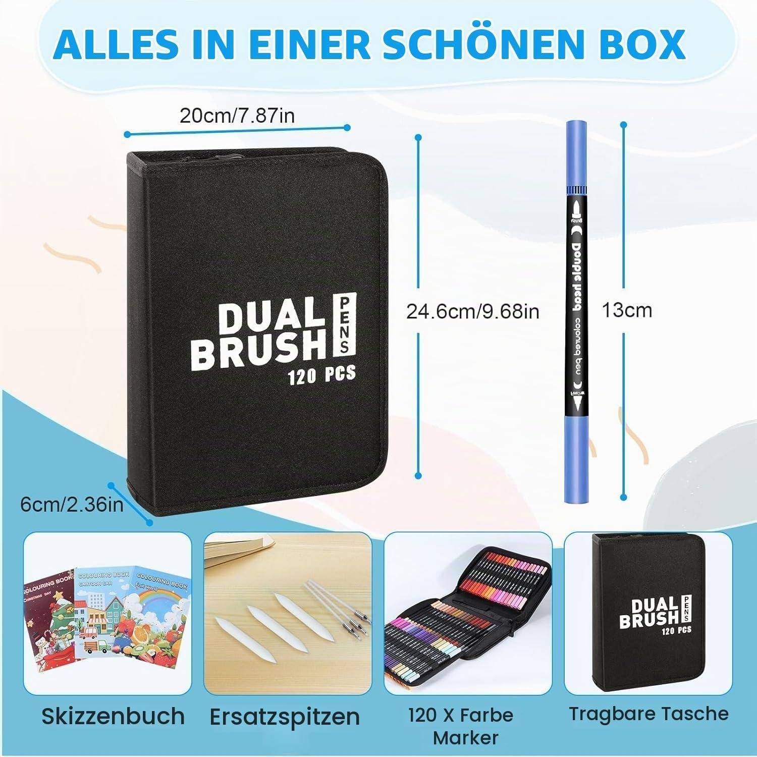 Produktabbildung einer schwarzen Tragetasche mit Reißverschluss für "DUAL BRUSH PENS 120 PCS"" mit Abmessungen und enthaltenen Artikeln: Skizzenbuch, Ersatzspitzen, 120er-Farbmarkerset und tragbare Tasche.