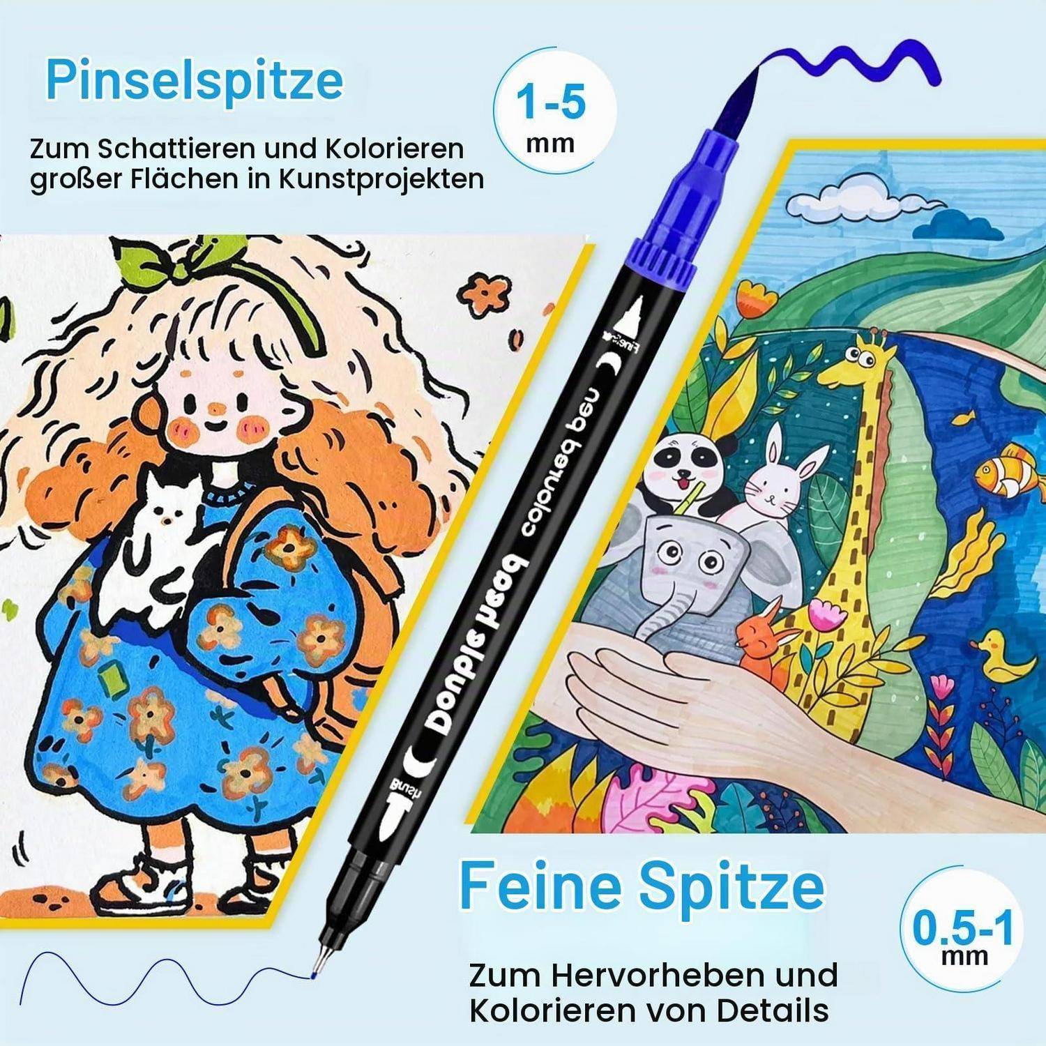 Werbegrafik zum Vergleich zweier Markerspitzen: „Pinselspitze" zum Schattieren und Colorieren großer Flächen (1–5 mm) und „Feine Spitze"" zum Hervorheben von Details (0,5–1 mm), mit Beispielzeichnungen.