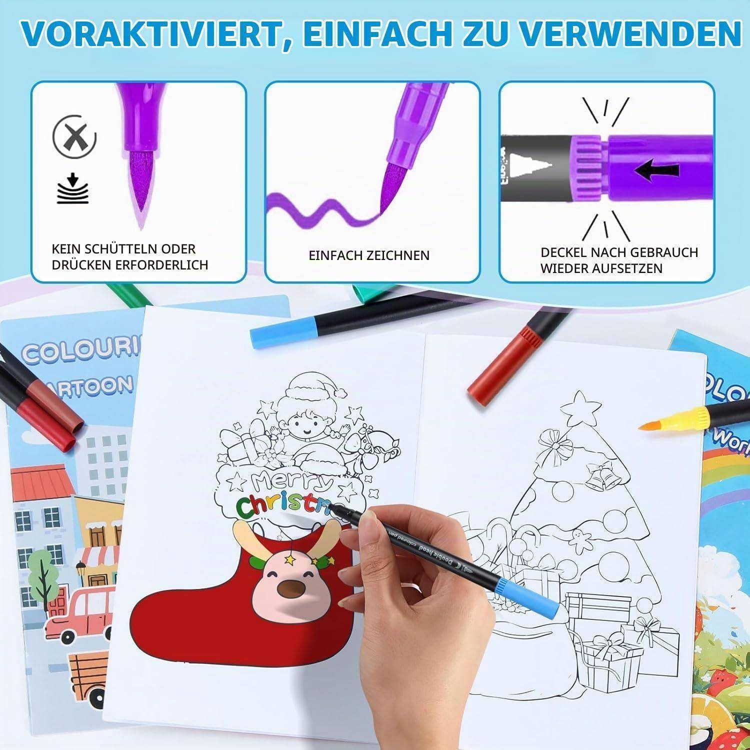 Das Poster zeigt einen nachfüllbaren Zeichenstift in Gebrauch: Kein Schütteln oder Drücken erforderlich, einfach zeichnen, und nach Gebrauch die Kappe wieder aufsetzen; von Hand ein Weihnachtsstrumpf-Bild ausmalen.
